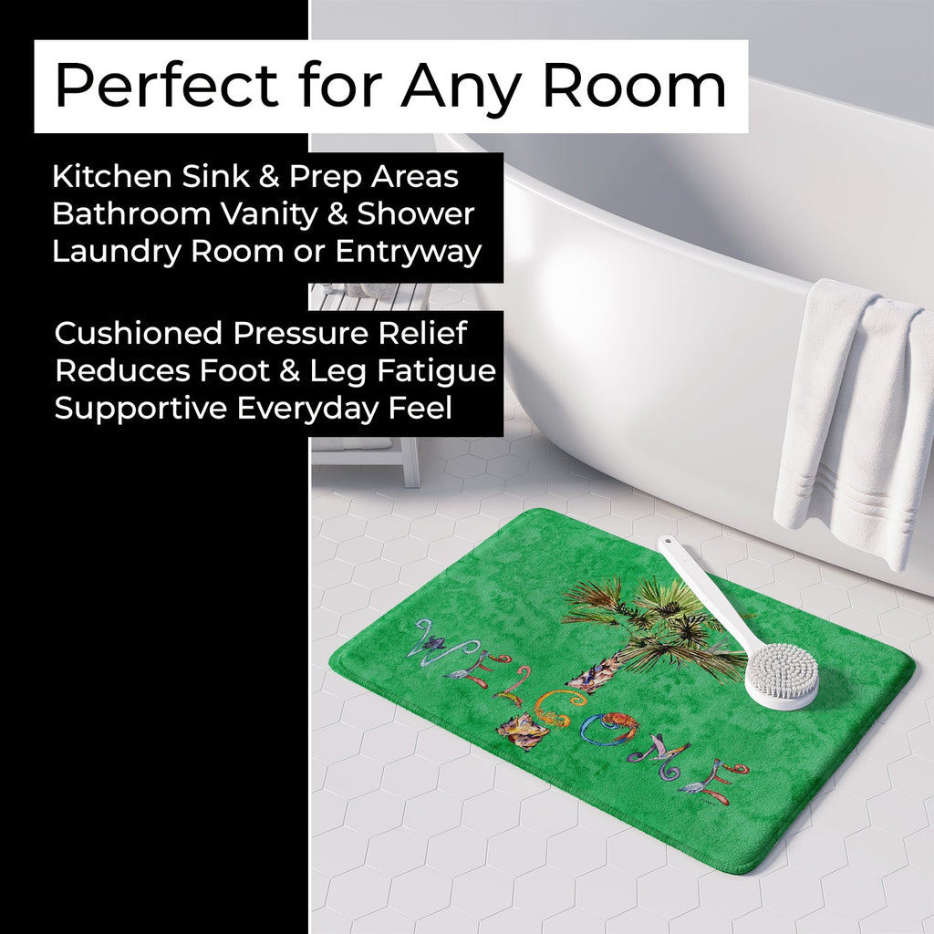 Welcome Palm Tree on Green Memory Foam Kitchen Mat Machine Washable Anti-Fatigue Cushion Comfort Bath or Kitchen Rug