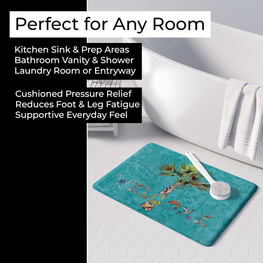 Welcome Palm Tree on Teal Memory Foam Kitchen Mat Machine Washable Anti-Fatigue Cushion Comfort Bath or Kitchen Rug
