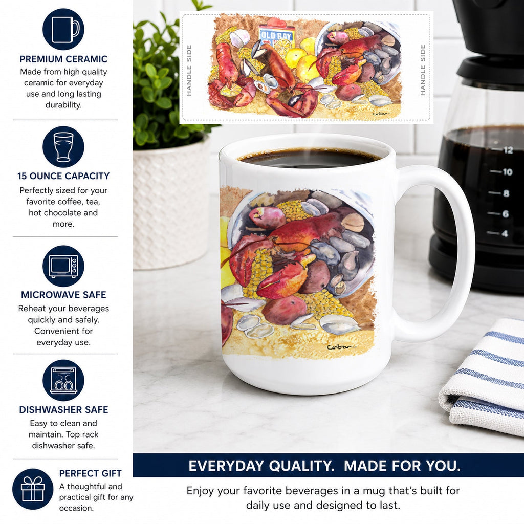 Lobster with Old Bay Ceramic Coffee Mug 15 oz Decorative Large C Handle Mug Cup for Tea, Cocoa Hot Chocolate