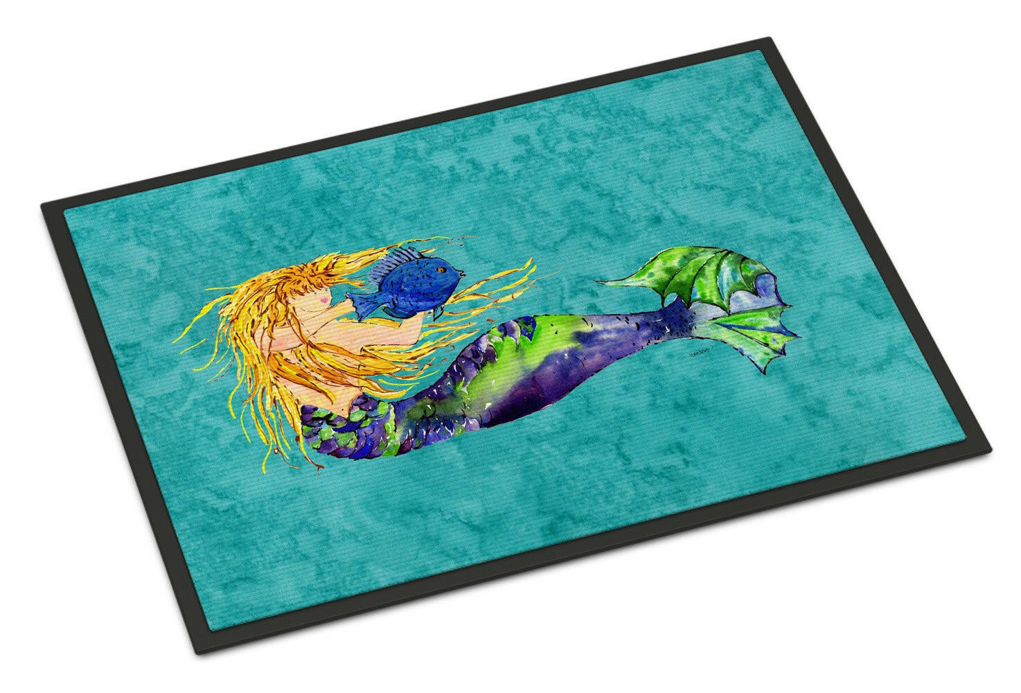 Blonde Mermaid on Teal Doormat Indoor Outdoor 18H X 27W Front Door Mat Rugs for Entryway, Non Slip Washable