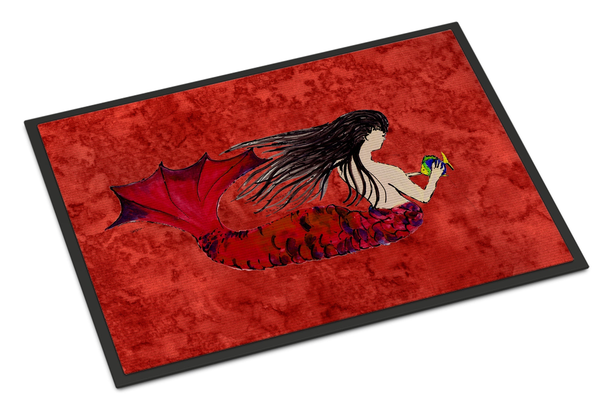 Black Haired Mermaid on Red Doormat Indoor Outdoor 24H X 36W Front Door Mat Rugs for Entryway, Non Slip Washable Low Pile,