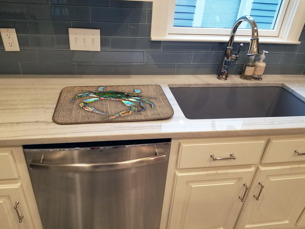 Blue Crab on Faux Burlap Dish Drying Mat Absorbent Dish Drying Mat Pad for Kitchen Counter Dish Drainer Mat for Countertop, 14 x 21", Multicolor