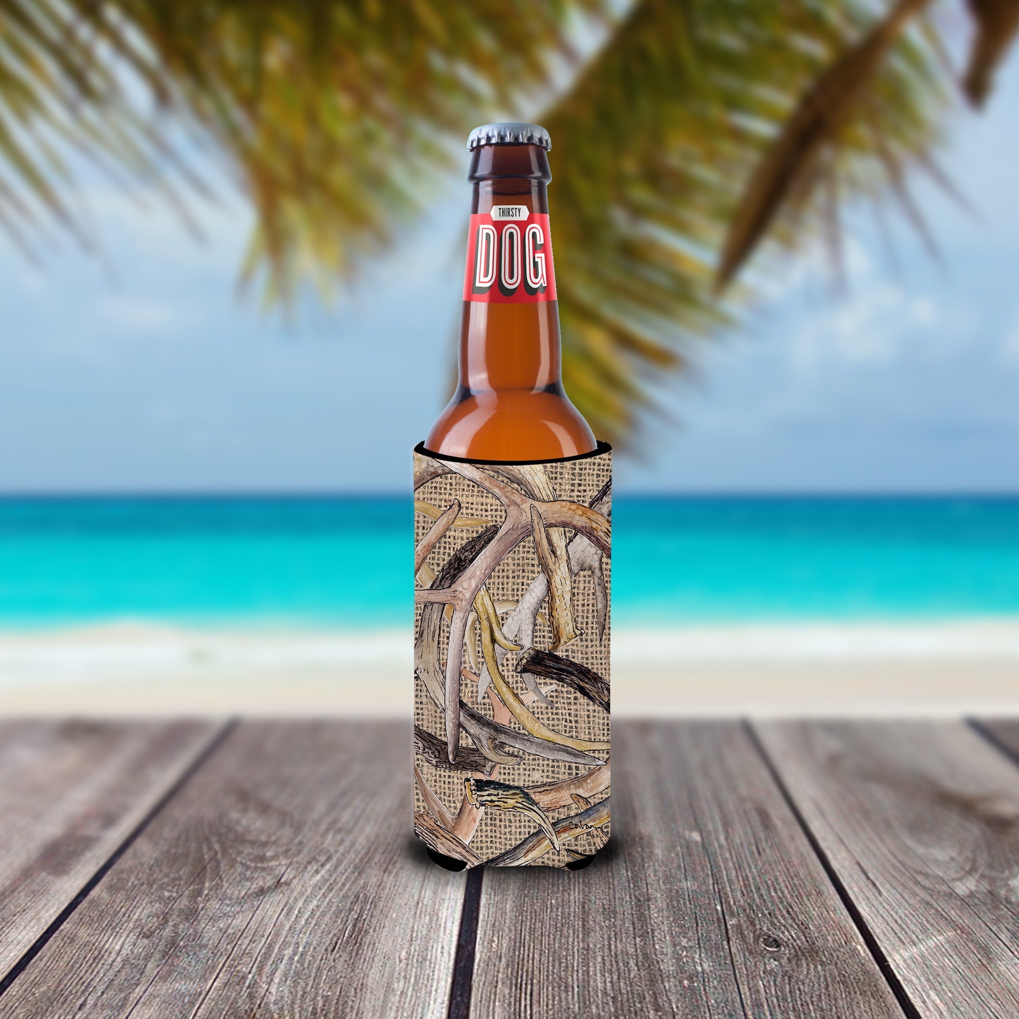 Deer Horns Slim Can Hugger , Insulated Foam Hugger for 12 oz Slim Cans, Beer Bottles & Water Bottles, Printed in USA