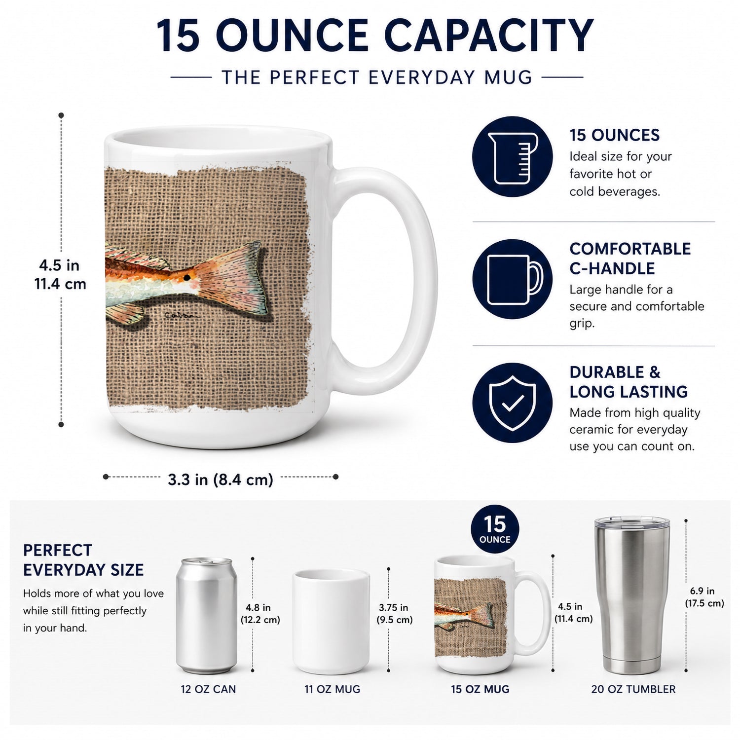 Red Fish Ceramic Coffee Mug 15 oz Decorative Large C Handle Mug Cup for Tea, Cocoa Hot Chocolate