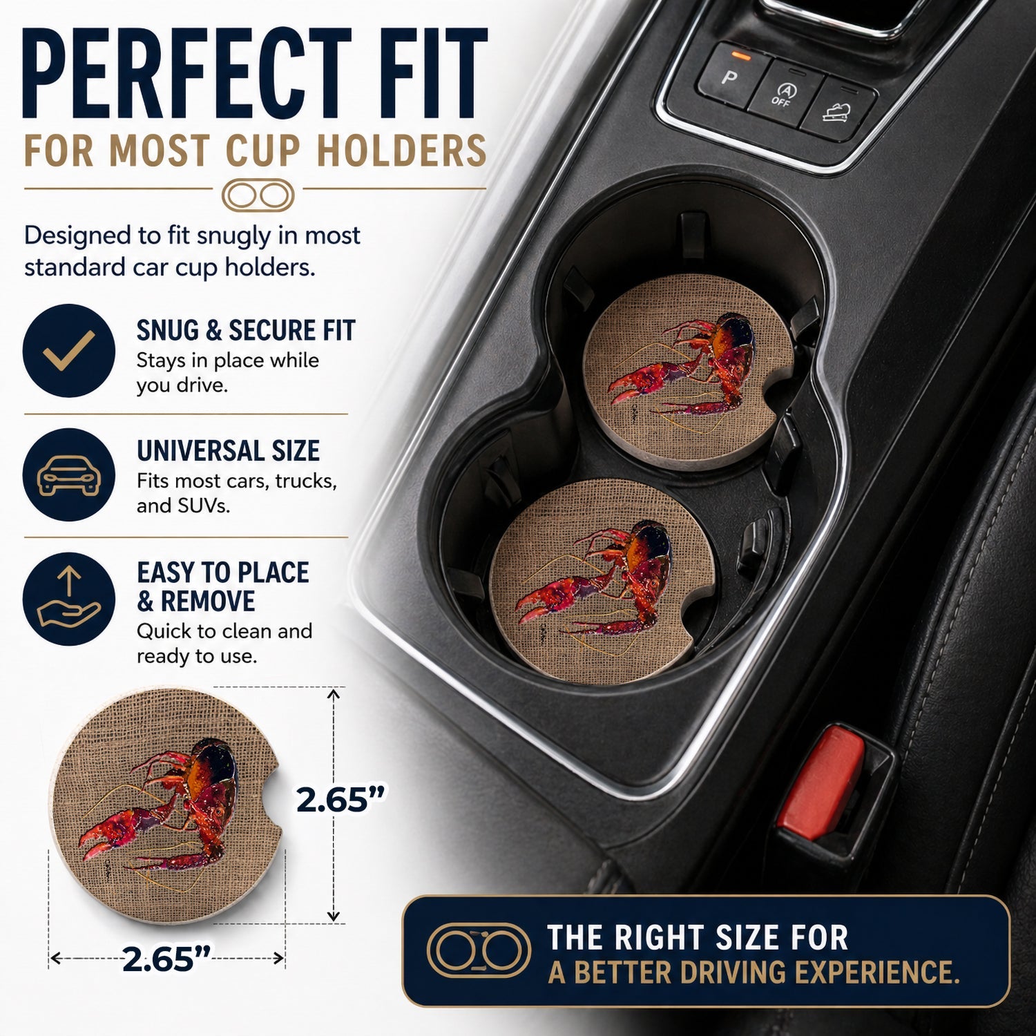 Crawfish Set of 2 Cup Holder Car Coasters Absorbent Round Sandstone Coasters Gifts for Men or Women, 2.5, Multicolor