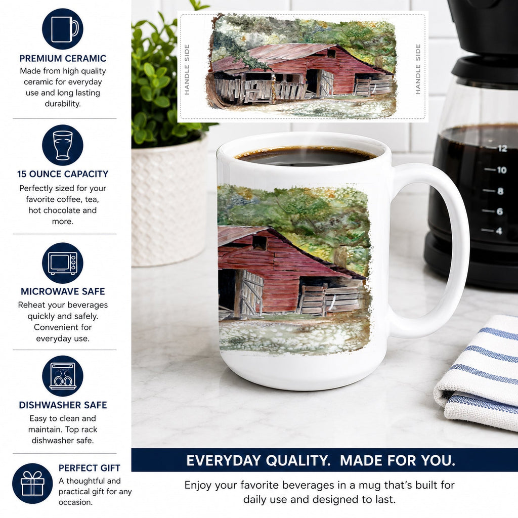 Old Barn Ceramic Coffee Mug 15 oz Decorative Large C Handle Mug Cup for Tea, Cocoa Hot Chocolate