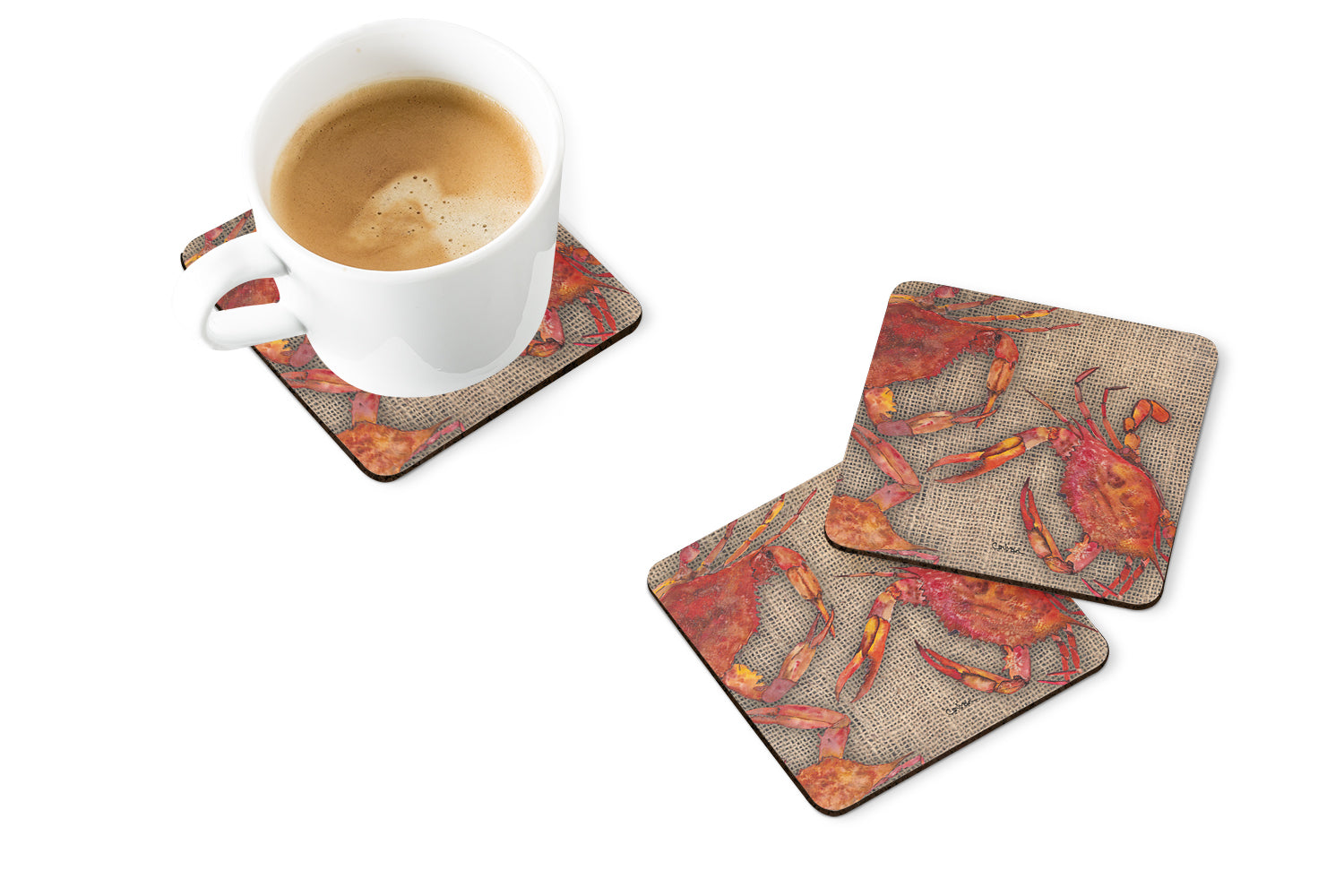 Cooked Crabs on Faux Burlap Foam Coasters Set of 4 Cup Coasters for Indoor Outdoor, Tabletop Protection, Anti Slip, Mouse pad Material
