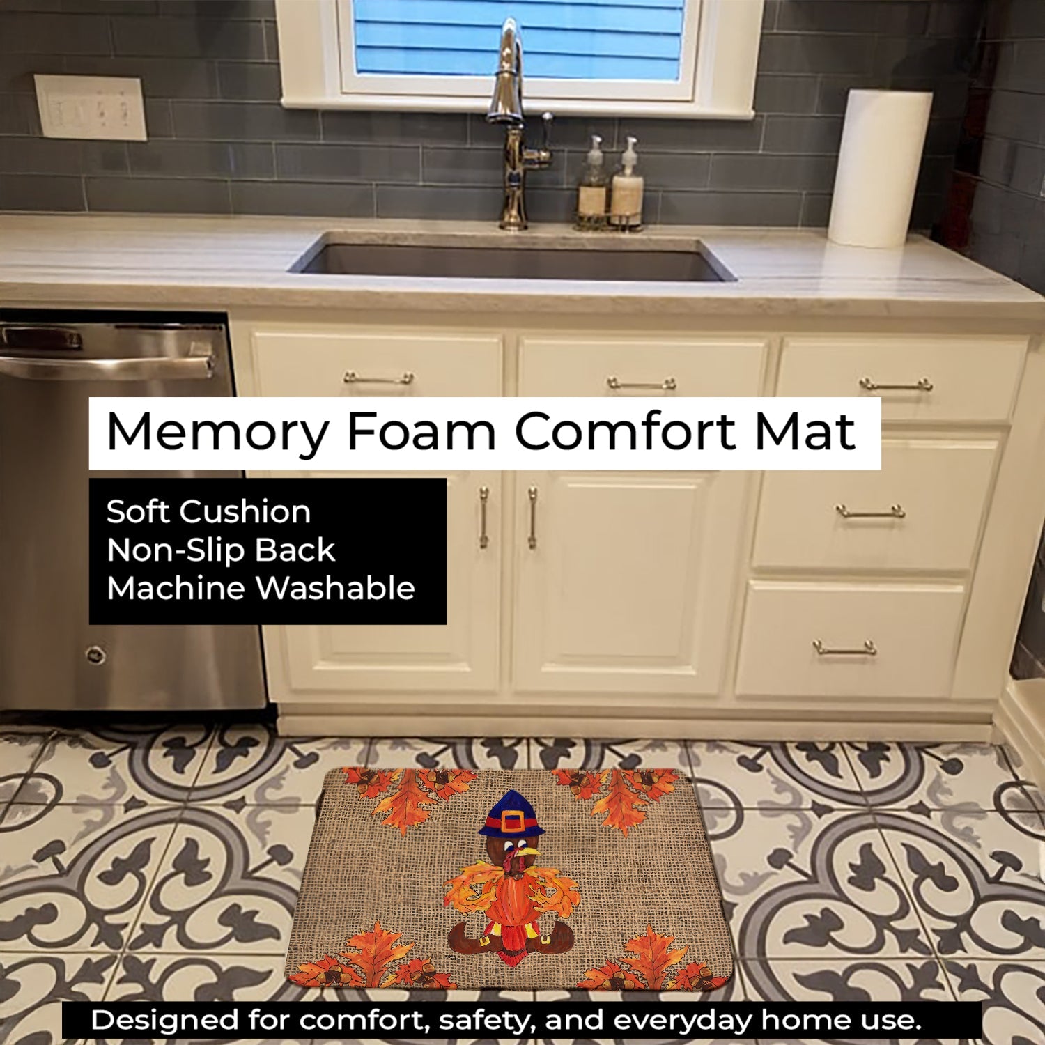 Thanksgiving Turkey Fleur de lis on Faux Burlap Memory Foam Kitchen Mat Machine Washable Anti-Fatigue Cushion Comfort Bath or Kitchen Rug