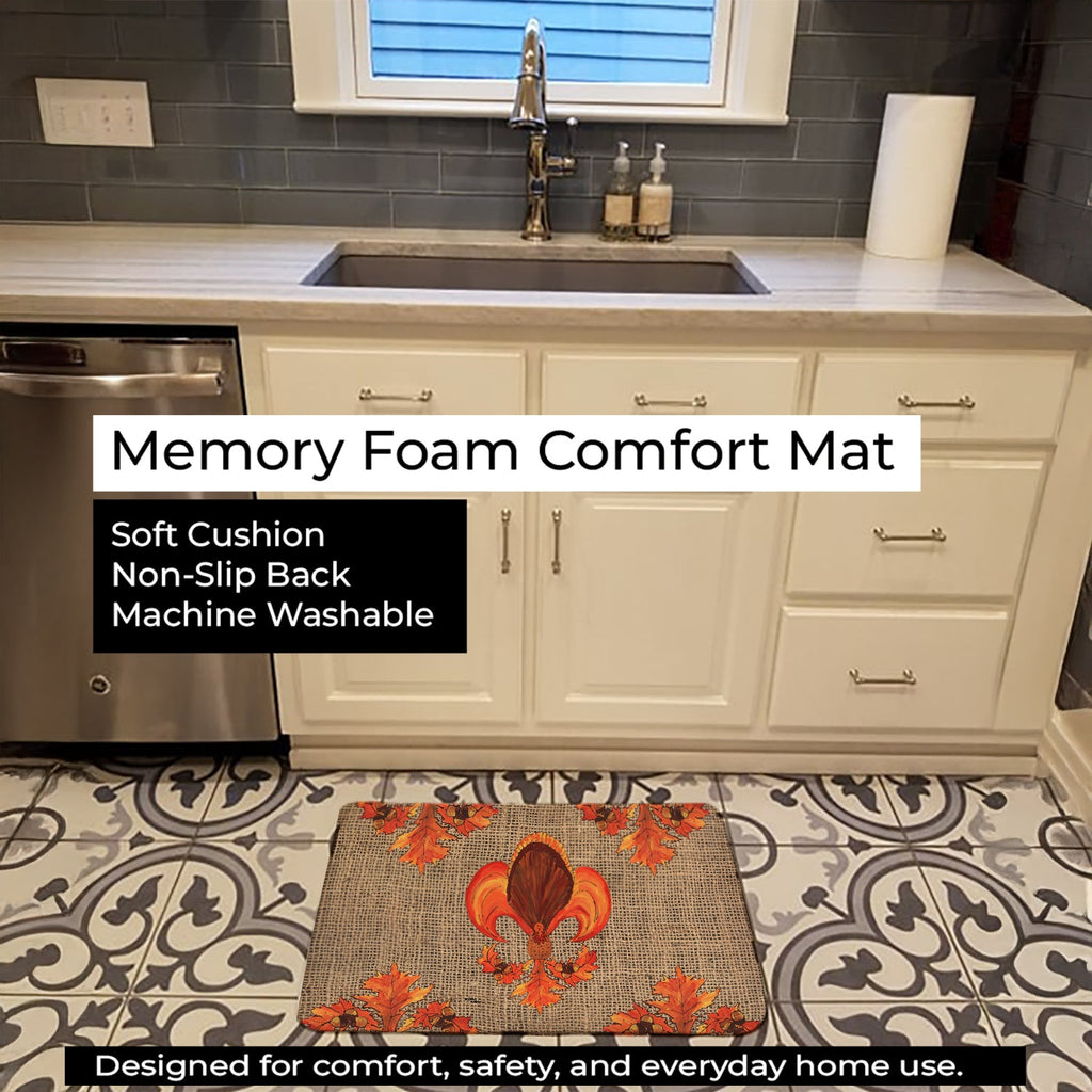 Thanksgiving Turkey Fleur de lis  on Faux Burlap Memory Foam Kitchen Mat Machine Washable Anti-Fatigue Cushion Comfort Bath or Kitchen Rug