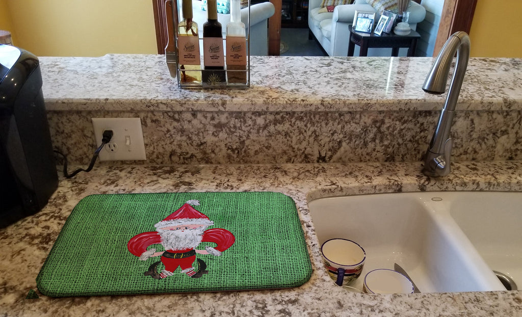Christmas Santa Fleur de lis on Faux Burlap Dish Drying Mat Absorbent Dish Drying Mat Pad for Kitchen Counter Dish Drainer Mat for Countertop, 14 x 21", Multicolor