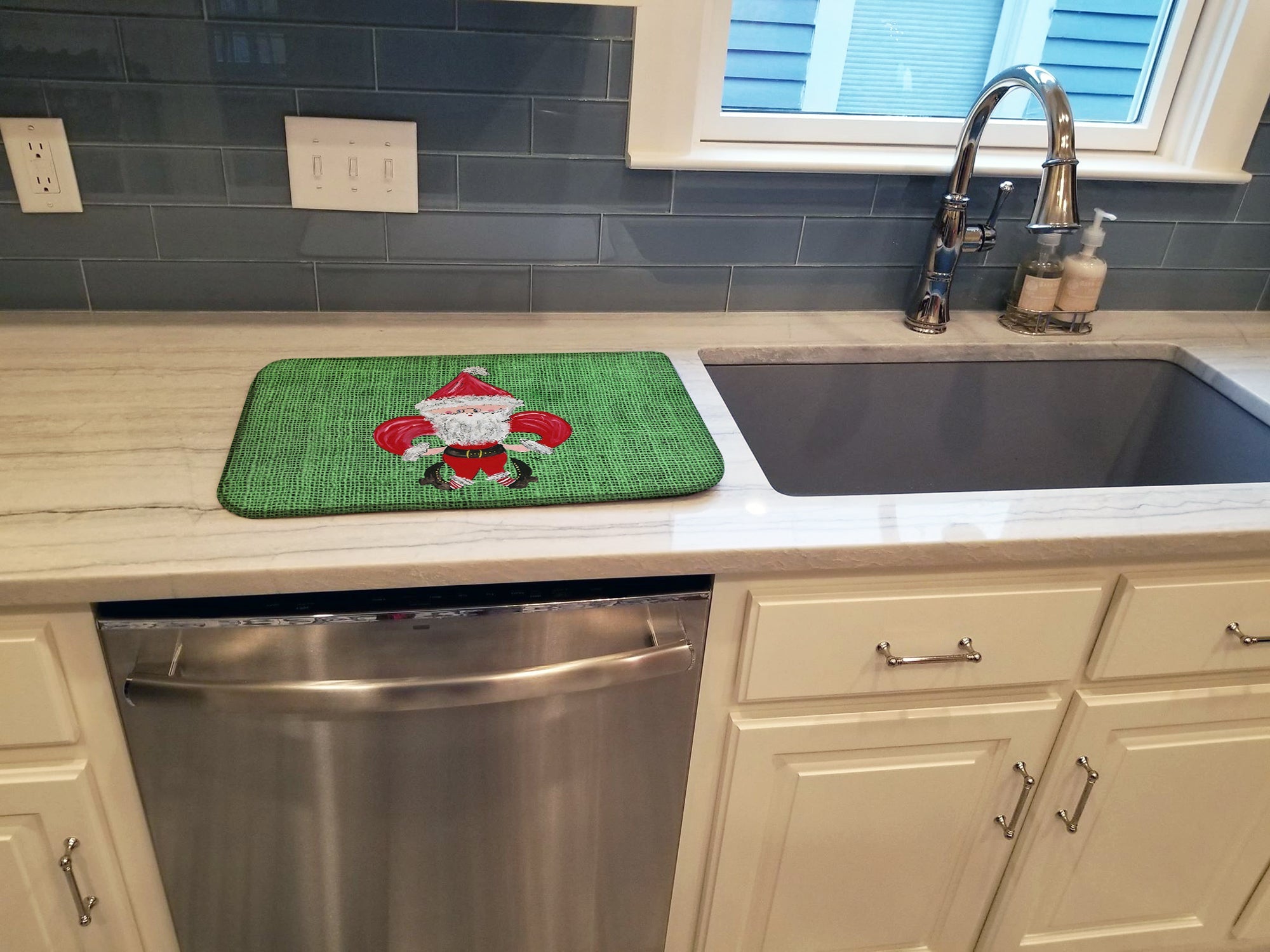Christmas Santa Fleur de lis on Faux Burlap Dish Drying Mat Absorbent Dish Drying Mat Pad for Kitchen Counter Dish Drainer Mat for Countertop, 14 x 21", Multicolor