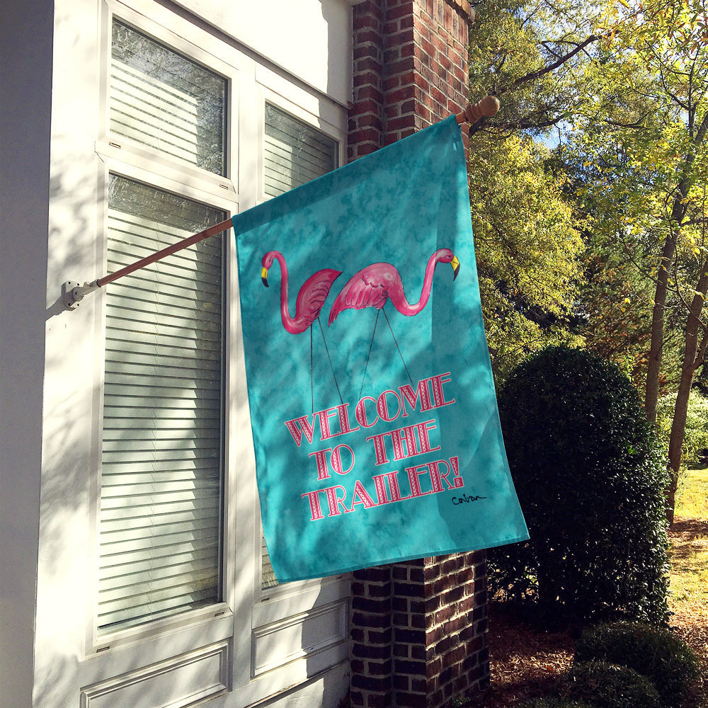 Welcome to the Trailer with Flamingos House Flag 28x40 Porch Sleeve Pole Decorative Outside Yard Banner Artwork Wall Hanging, Polyester