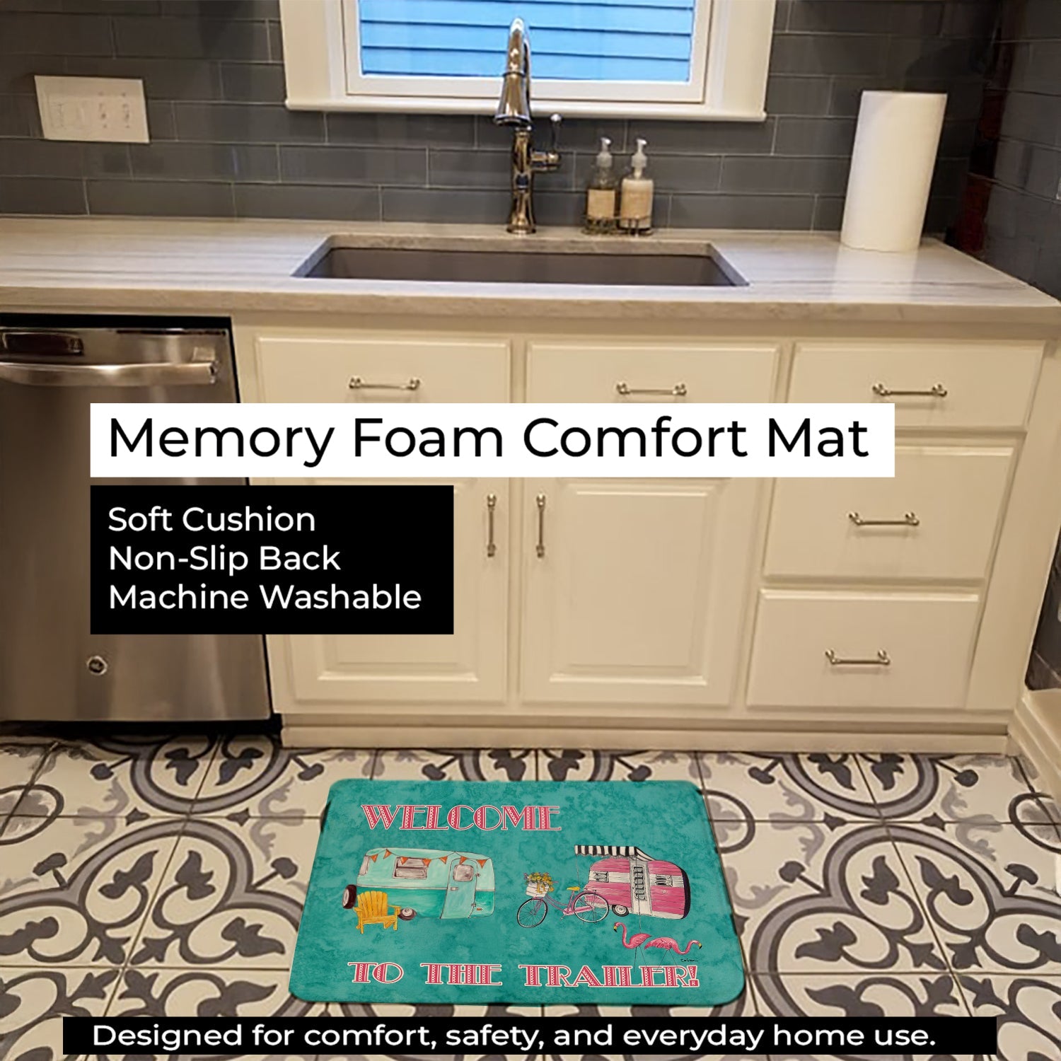 Welcome to the Trailer Memory Foam Kitchen Mat Machine Washable Anti-Fatigue Cushion Comfort Bath or Kitchen Rug