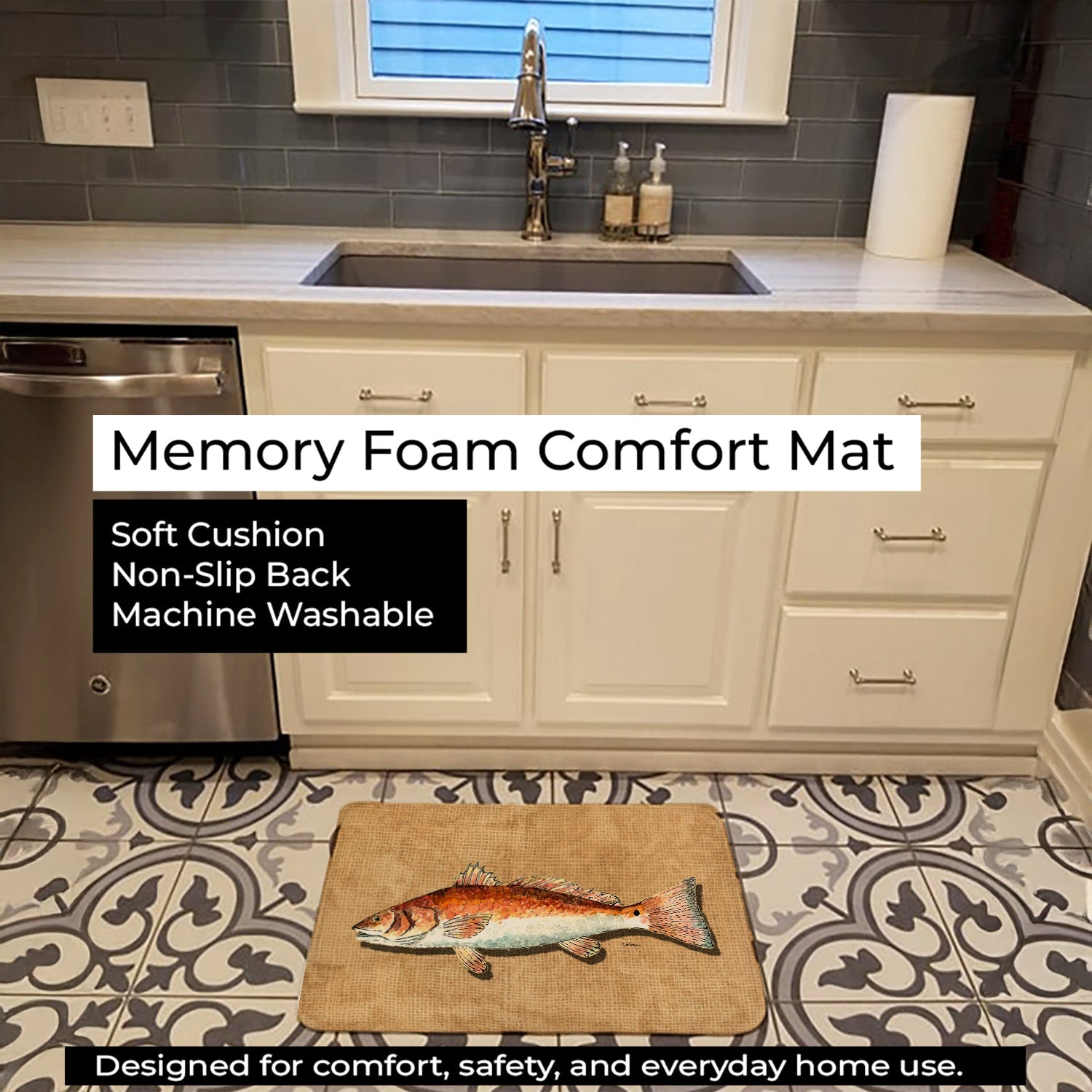 Red Fish Memory Foam Kitchen Mat Machine Washable Anti-Fatigue Cushion Comfort Bath or Kitchen Rug