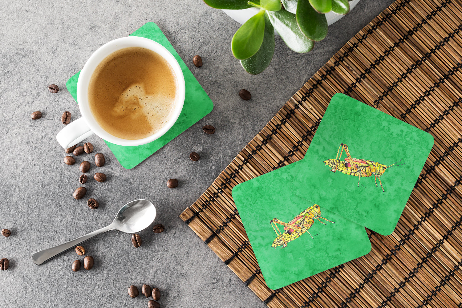 Grasshopper on Green Foam Coasters Set of 4 Cup Coasters for Indoor Outdoor, Tabletop Protection, Anti Slip, Mouse pad Material