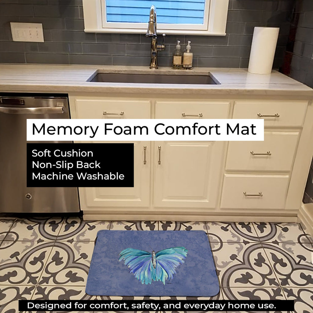 Butterfly on Slate Blue Memory Foam Kitchen Mat Machine Washable Anti-Fatigue Cushion Comfort Bath or Kitchen Rug