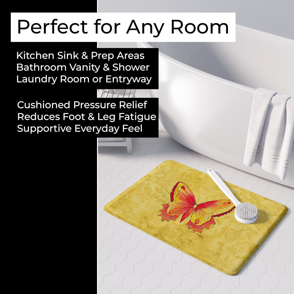 Butterfly on Yellow Memory Foam Kitchen Mat Machine Washable Anti-Fatigue Cushion Comfort Bath or Kitchen Rug