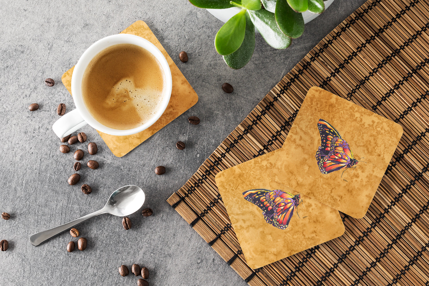 Butterfly on Gold Foam Coasters Set of 4 Cup Coasters for Indoor Outdoor, Tabletop Protection, Anti Slip, Mouse pad Material