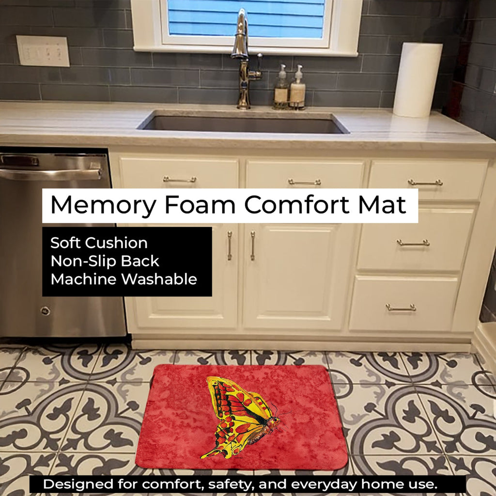 Butterfly on Red Memory Foam Kitchen Mat Machine Washable Anti-Fatigue Cushion Comfort Bath or Kitchen Rug