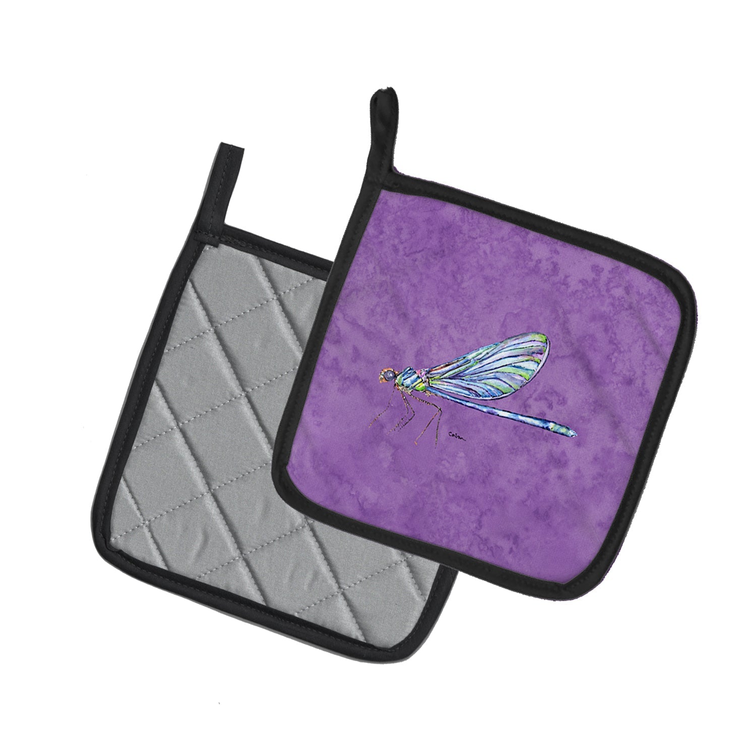 Dragonfly on Purple Pot Holder Set of 2 Heat Resistant Quilted Hot Pads 7.5 x 7.5 Inch, Insulated Kitchen Trivets for Cooking & Baking