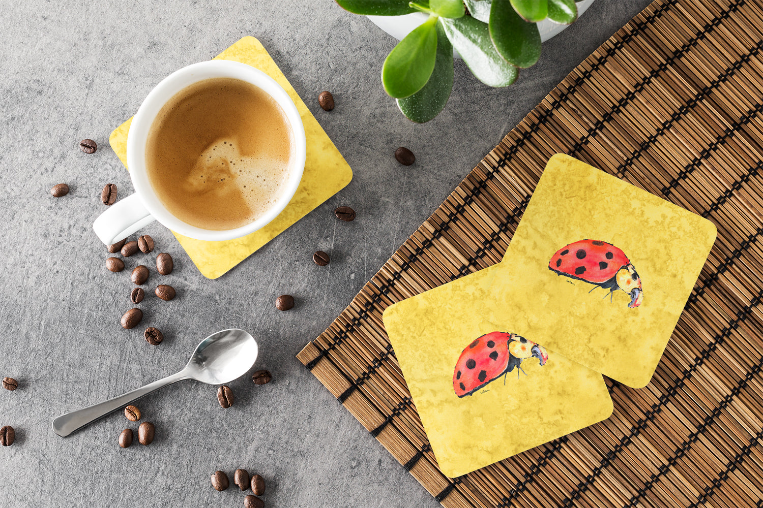 Lady Bug on Yellow Foam Coasters Set of 4 Cup Coasters for Indoor Outdoor, Tabletop Protection, Anti Slip, Mouse pad Material
