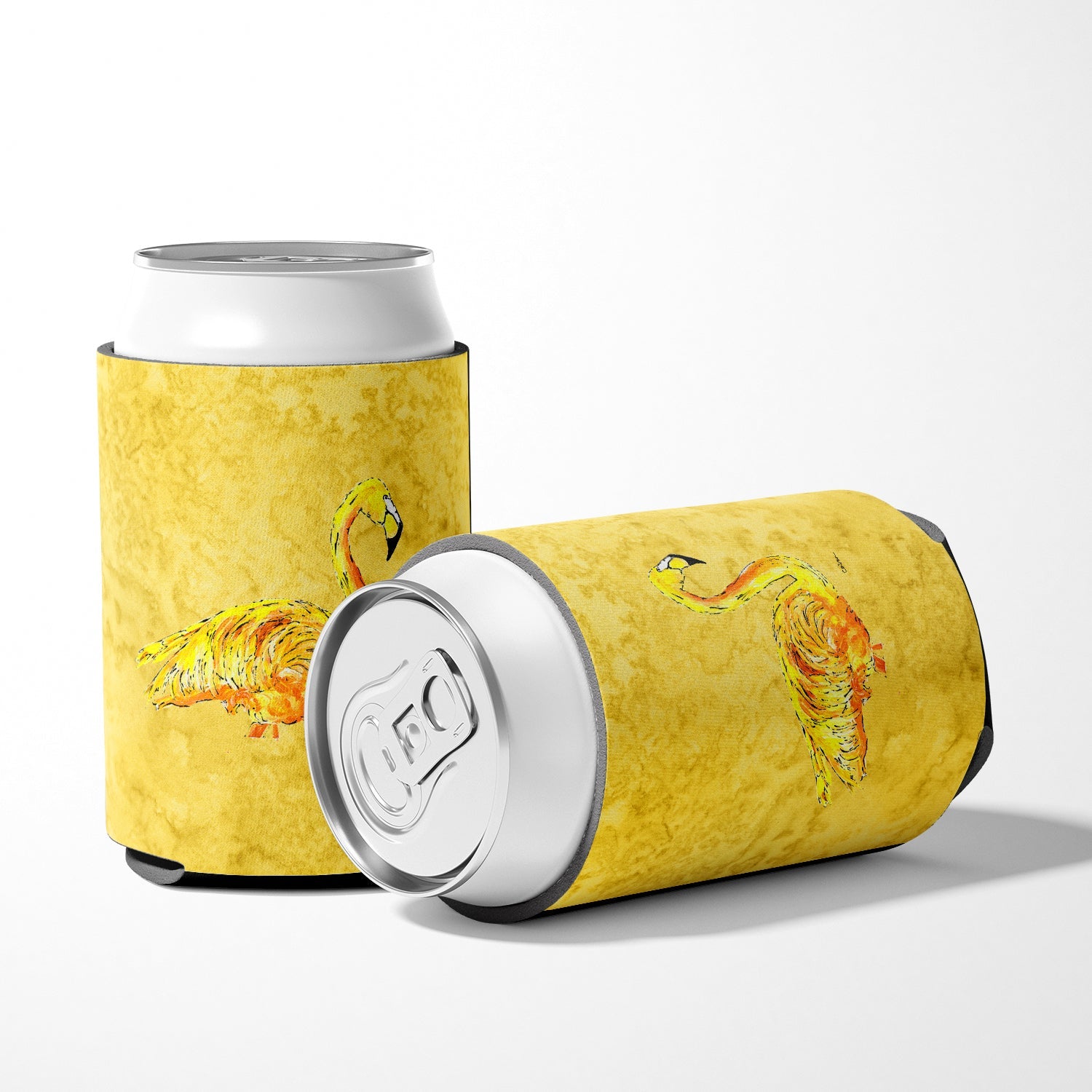 Flamingo on Yellow Can or Bottle Hugger Cooler Sleeve for Standard 12 oz Cans, Insulated Foam Beer & Soda Can Hugger Reusable