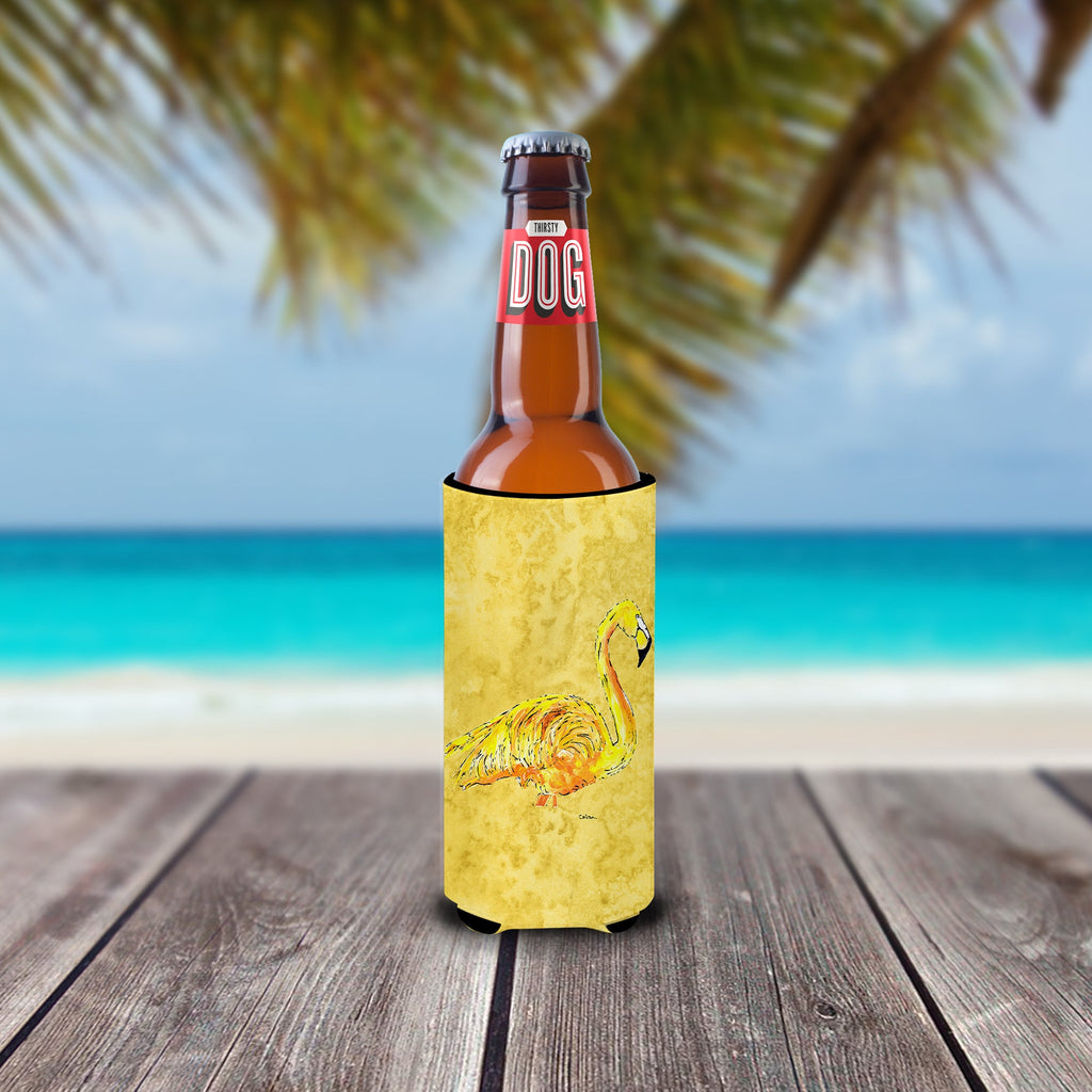 Flamingo on Yellow Slim Can Hugger , Insulated Foam Hugger for 12 oz Slim Cans, Beer Bottles & Water Bottles, Printed in USA