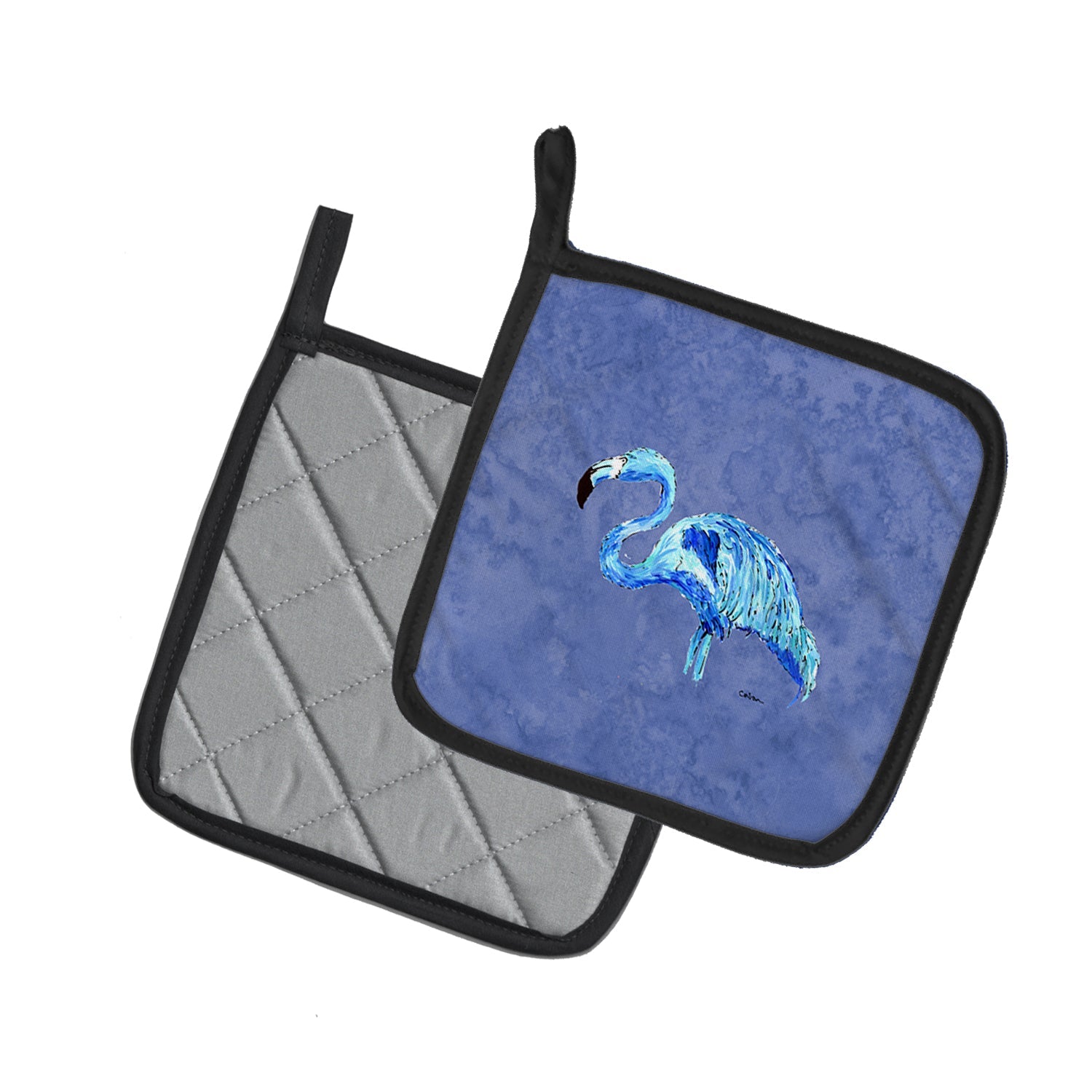Flamingo On Slate Blue Pot Holder Set of 2 Heat Resistant Quilted Hot Pads 7.5 x 7.5 Inch, Insulated Kitchen Trivets for Cooking & Baking