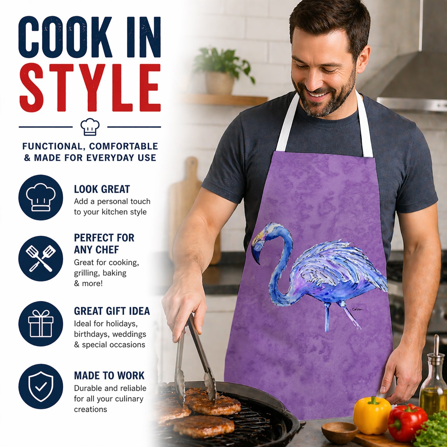 Flamingo on Purple Apron Cooking Kitchen Server Baking Crafts Gardening for Adult Women Men, Unisex, Large, Multicolor