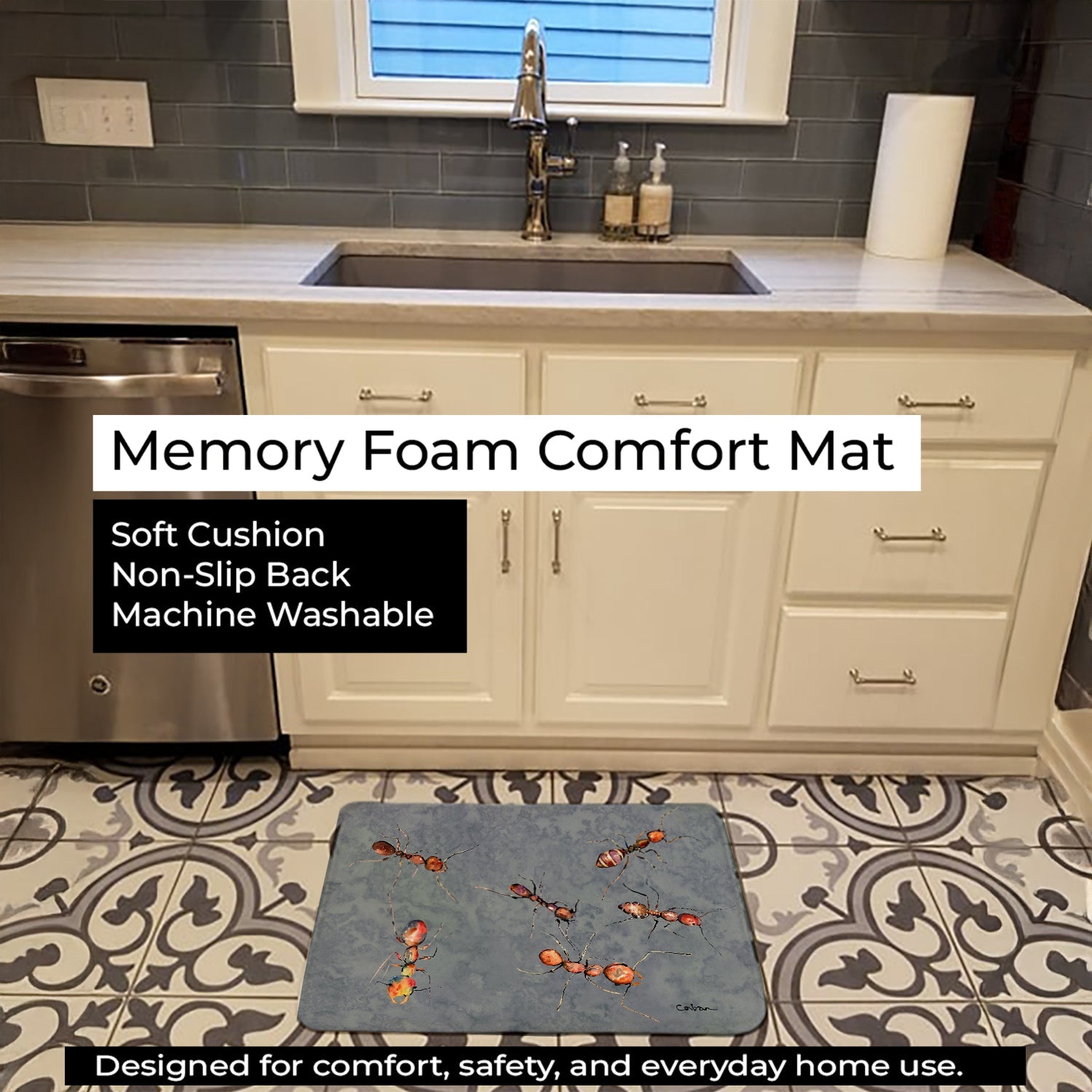 Ants Memory Foam Kitchen Mat Machine Washable Anti-Fatigue Cushion Comfort Bath or Kitchen Rug