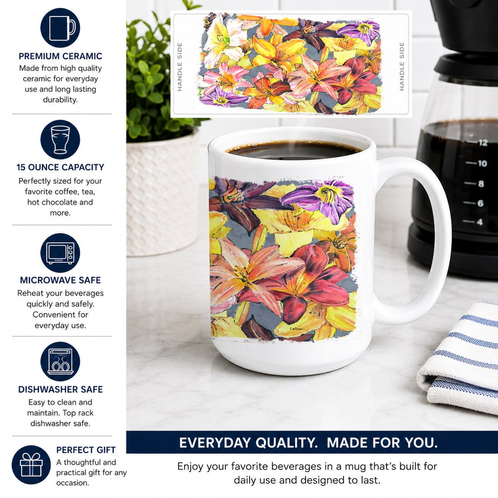 Day Lillies Ceramic Coffee Mug 15 oz Decorative Large C Handle Mug Cup for Tea, Cocoa Hot Chocolate