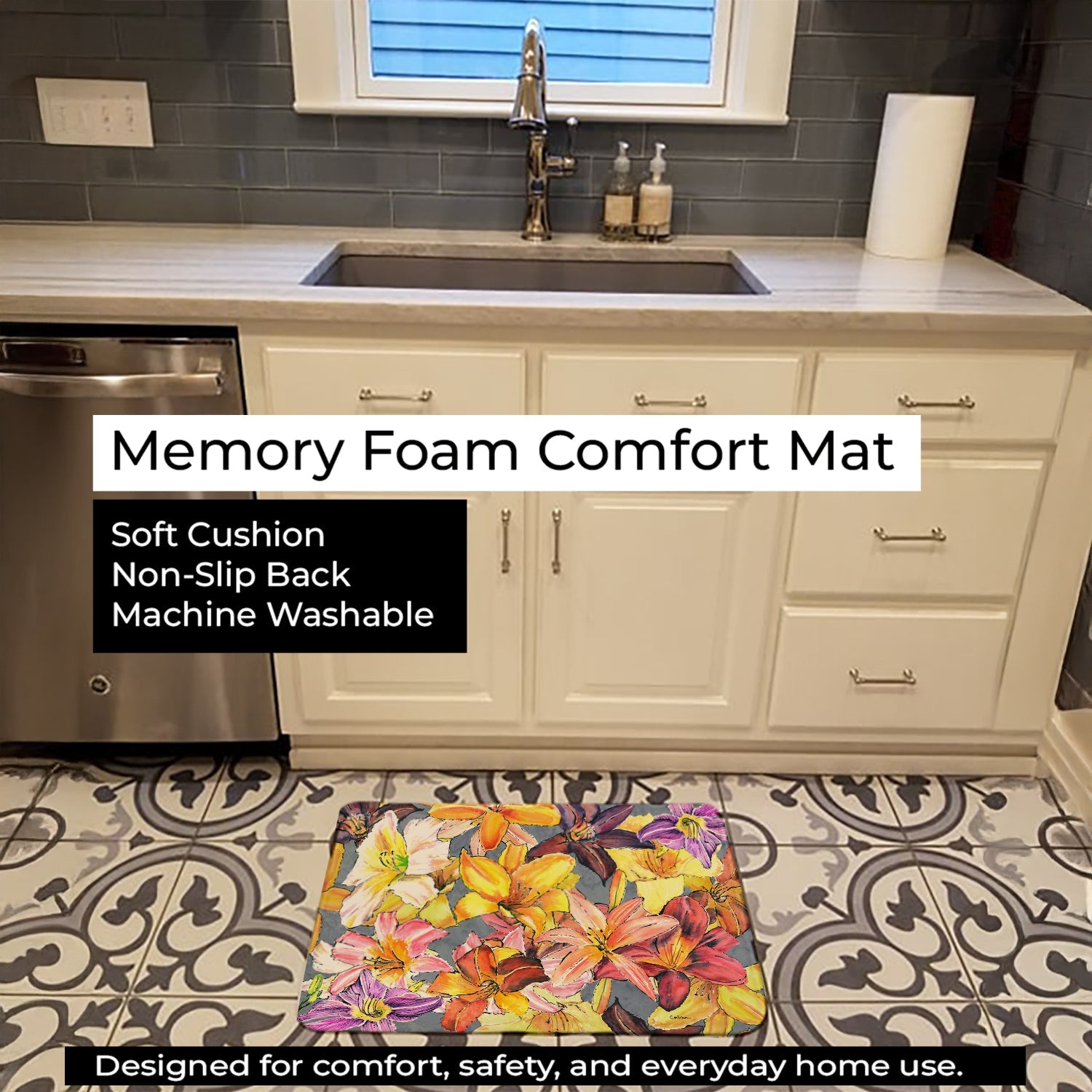 Day Lillies Memory Foam Kitchen Mat Machine Washable Anti-Fatigue Cushion Comfort Bath or Kitchen Rug