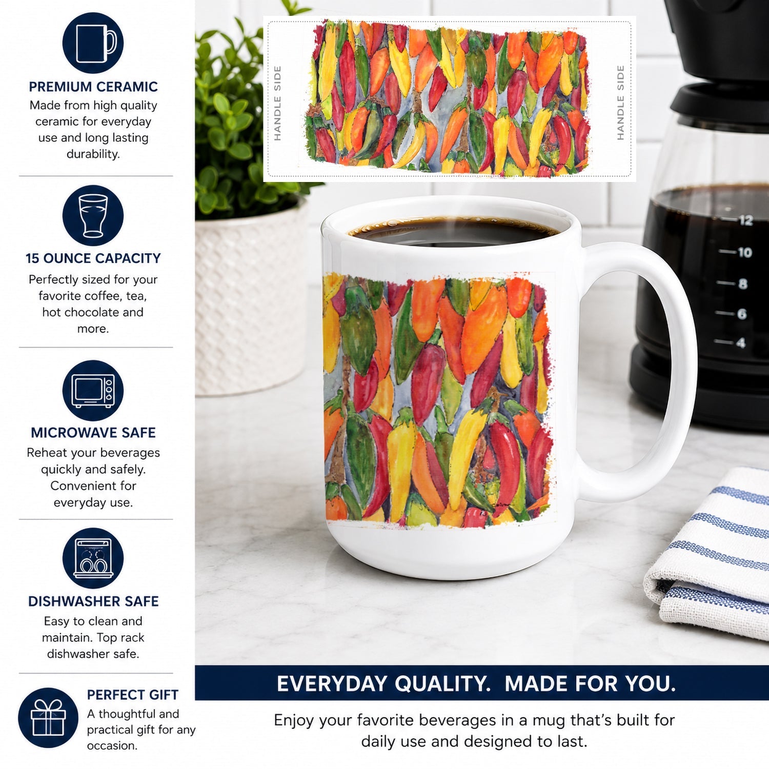 Hot Peppers Ceramic Coffee Mug 15 oz Decorative Large C Handle Mug Cup for Tea, Cocoa Hot Chocolate