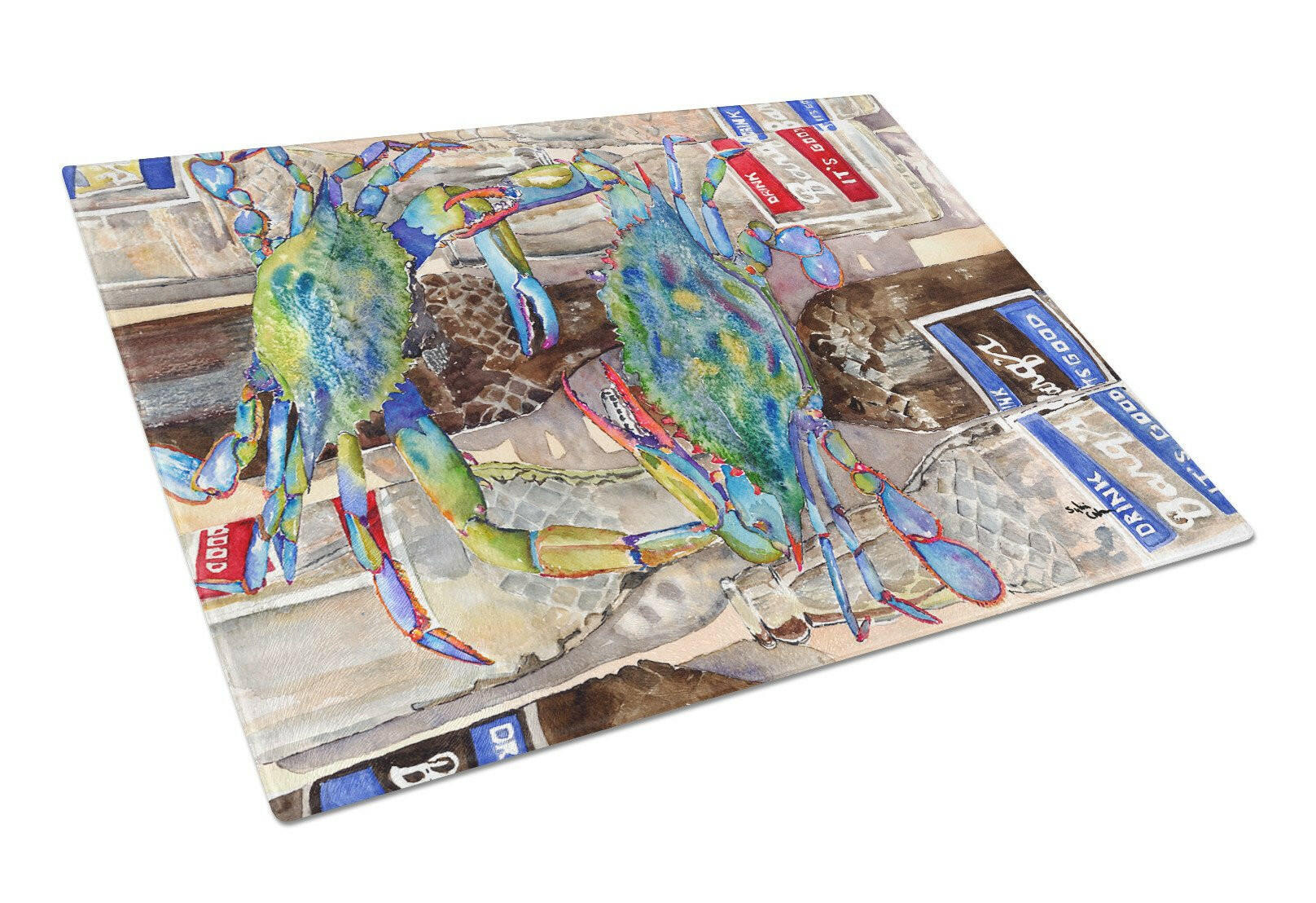 Blue Crabby Bottles of Barqs Rootbeer Cutting Board Tempered Glass Kitchen Cutting Surface, Heat Resistant Chopping, Non-Slip Feet, Food Prep & Serving