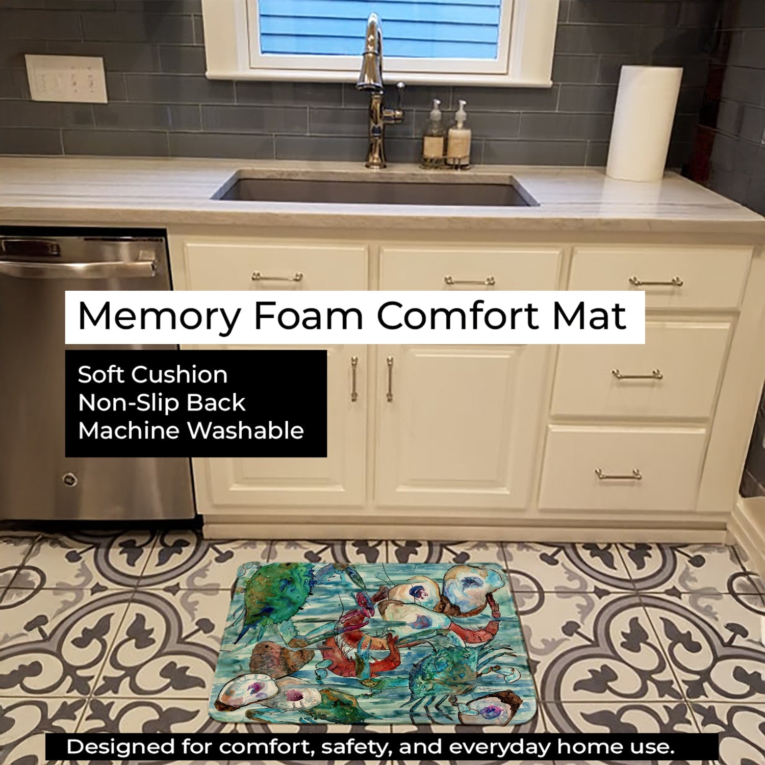 Watery Shrimp, Crabs and Oysters Memory Foam Kitchen Mat Machine Washable Anti-Fatigue Cushion Comfort Bath or Kitchen Rug