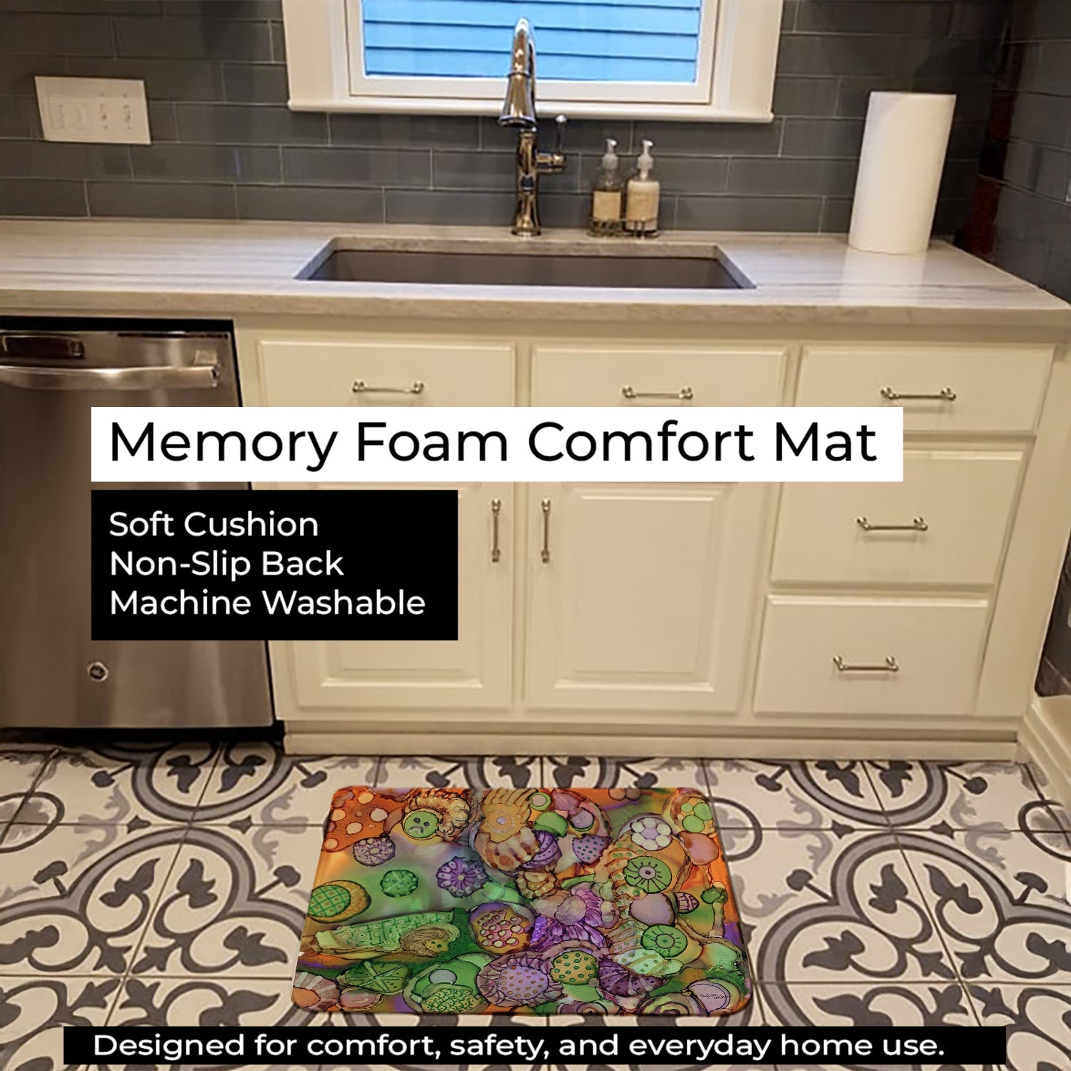 Abstract in Purple Green and Orange Memory Foam Kitchen Mat Machine Washable Anti-Fatigue Cushion Comfort Bath or Kitchen Rug