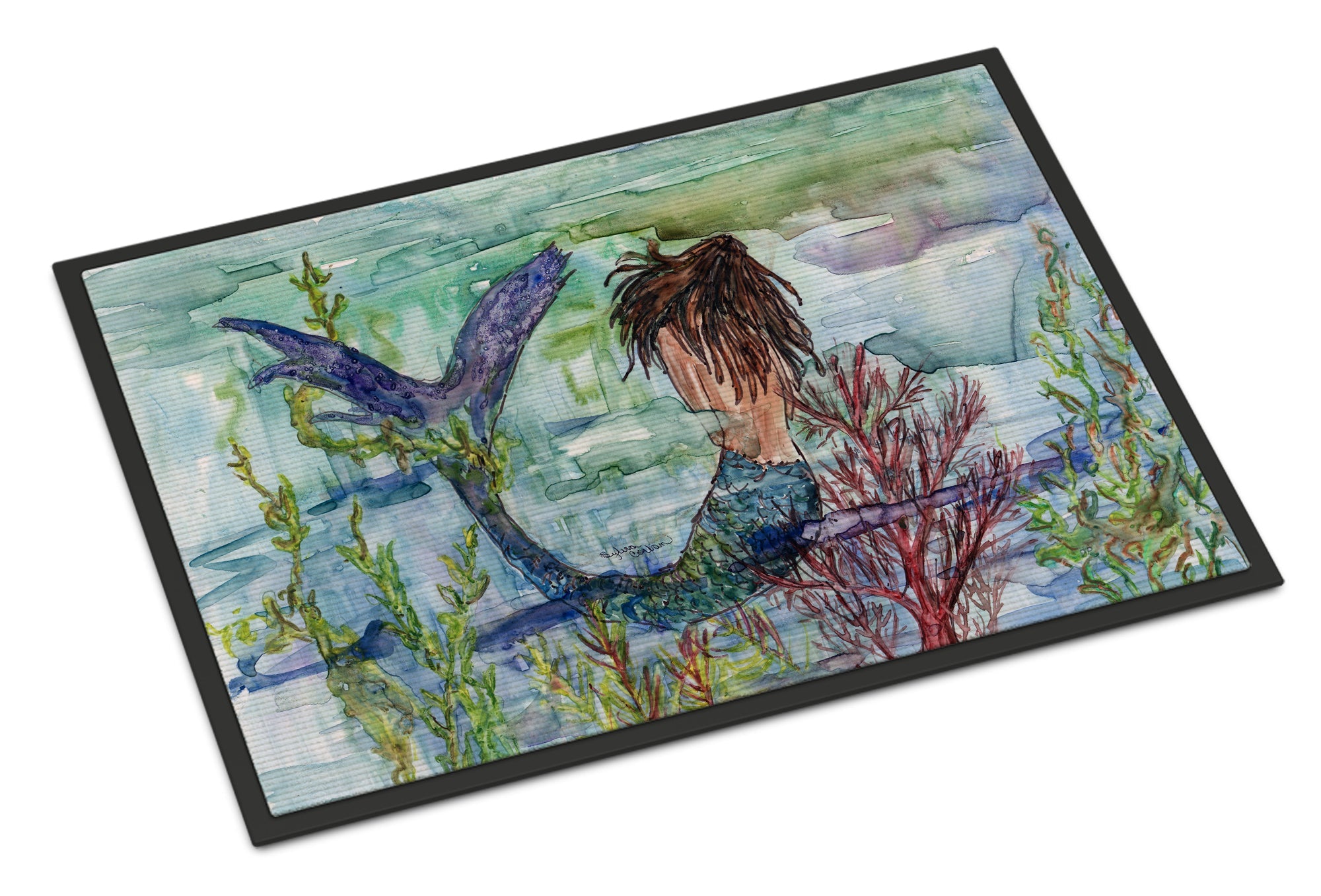 Brunette Mermaid Coral Fantasy Doormat Indoor Outdoor 24H X 36W Front Door Mat Rugs for Entryway, Non Slip Washable Low Pile,