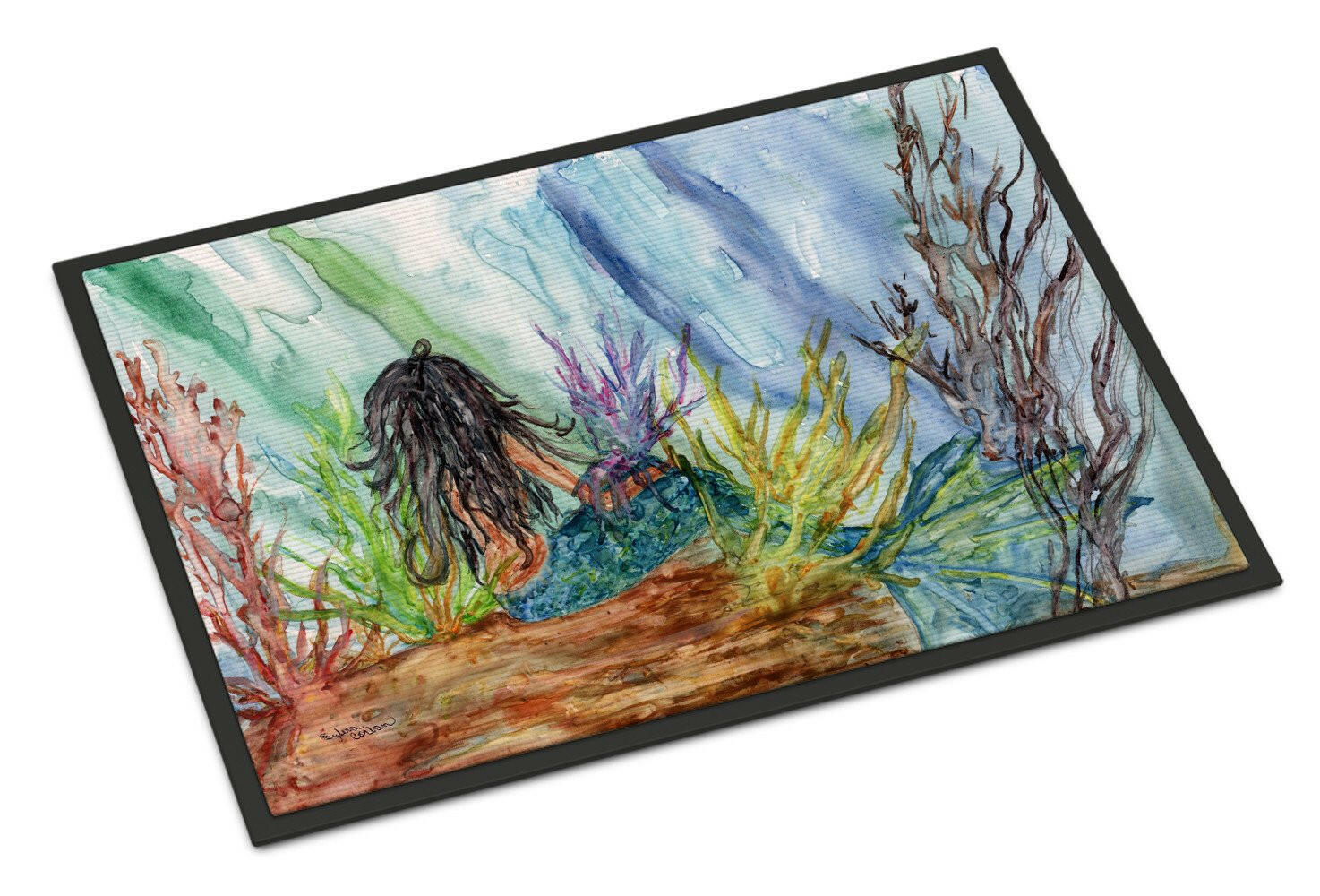 Black Haired Mermaid Water Fantasy Doormat Indoor Outdoor 18H X 27W Front Door Mat Rugs for Entryway, Non Slip Washable
