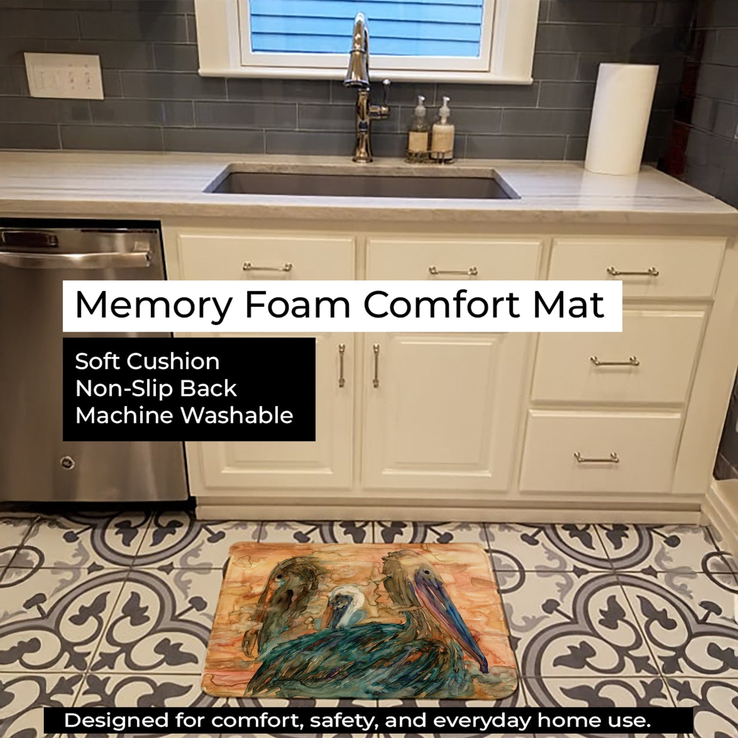 Abstract Pelicans Memory Foam Kitchen Mat Machine Washable Anti-Fatigue Cushion Comfort Bath or Kitchen Rug