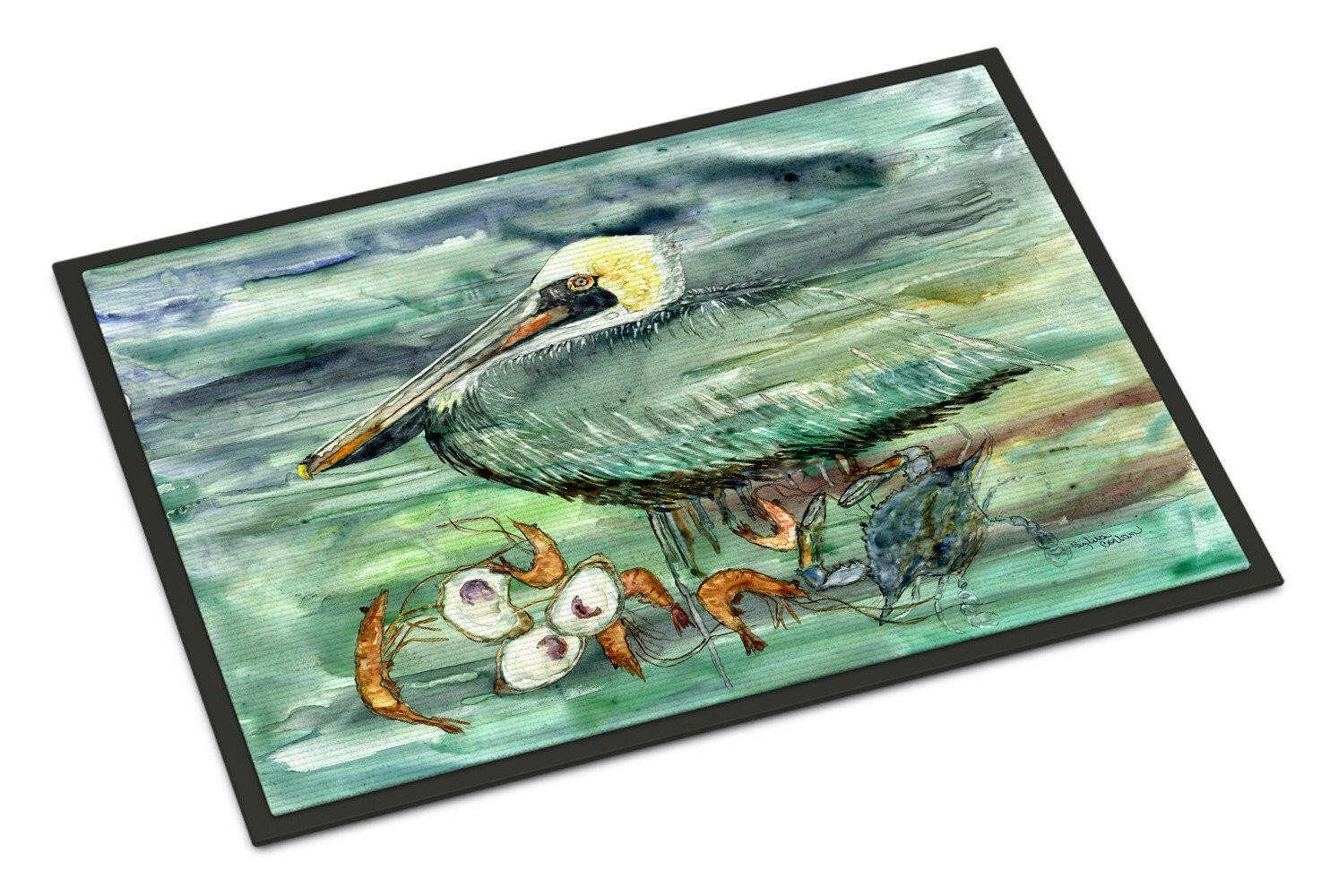 Watery Pelican, Shrimp, Crab and Oysters Doormat Indoor Outdoor 18H X 27W Front Door Mat Rugs for Entryway, Non Slip Washable