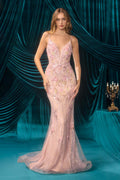 Andrea & Leo A1500 Plunging Neckline Floral Applique Fitted Formal Gown