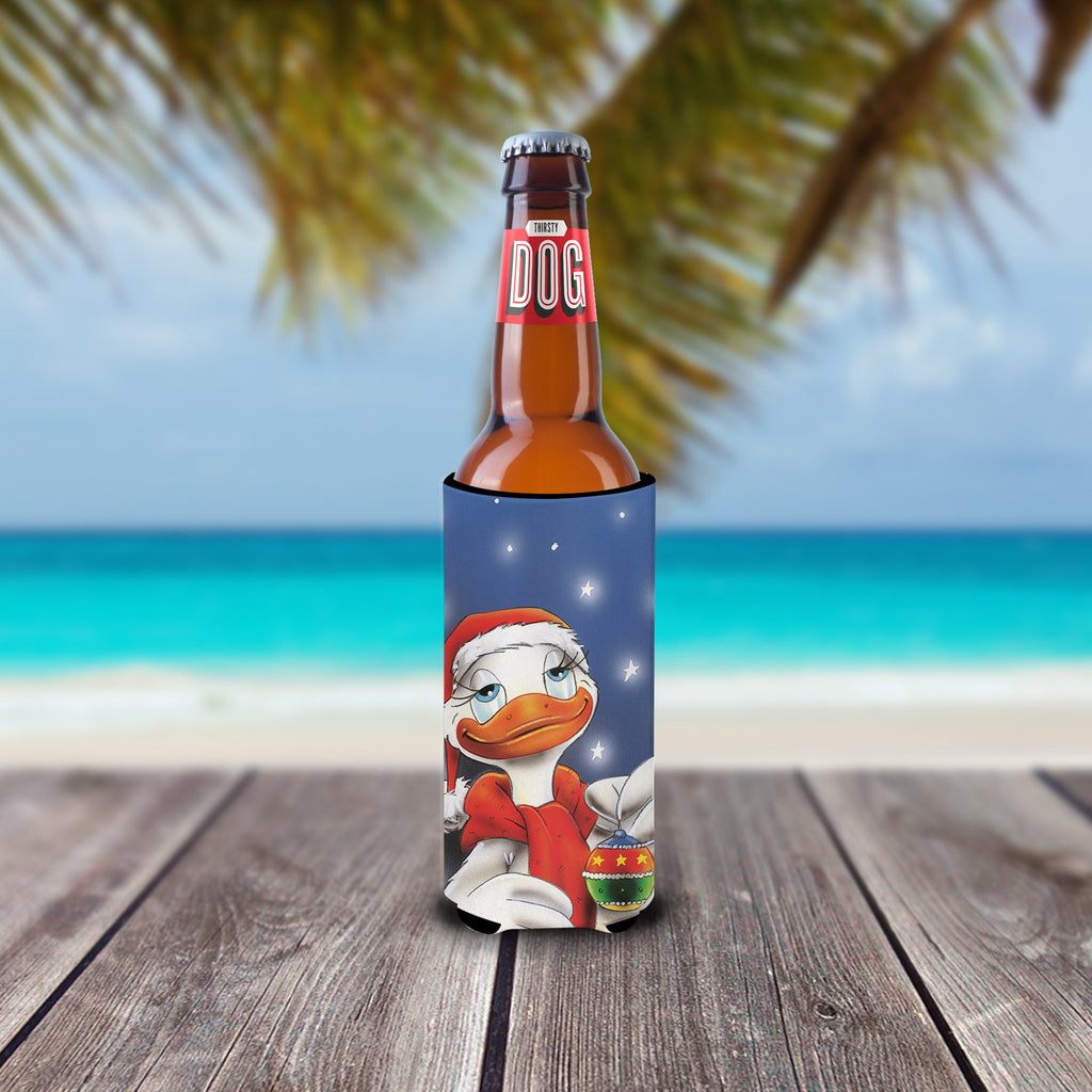Duck with Christmas Ornament Slim Can Hugger , Insulated Foam Hugger for 12 oz Slim Cans, Beer Bottles & Water Bottles, Printed in USA