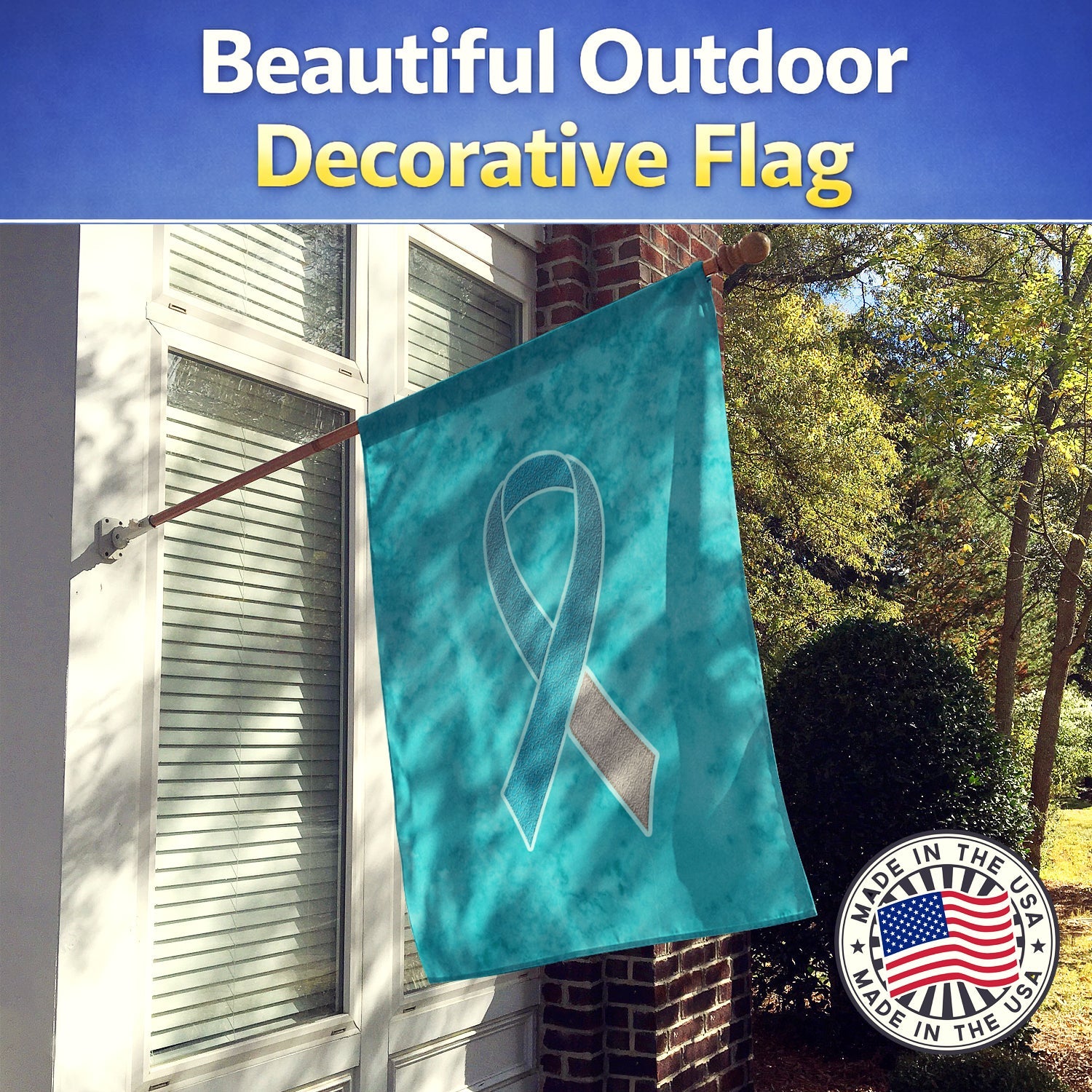 Teal and White Ribbon for Cervical Cancer Awareness House Flag 28x40 Porch Sleeve Pole Decorative Outside Yard Banner Artwork Wall Hanging, Polyester