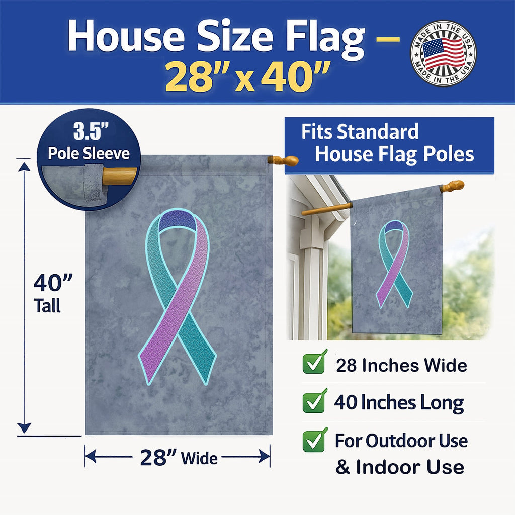 Teal, Pink and Blue Ribbon for Thyroid Cancer Awareness House Flag 28x40 Porch Sleeve Pole Decorative Outside Yard Banner Artwork Wall Hanging, Polyester