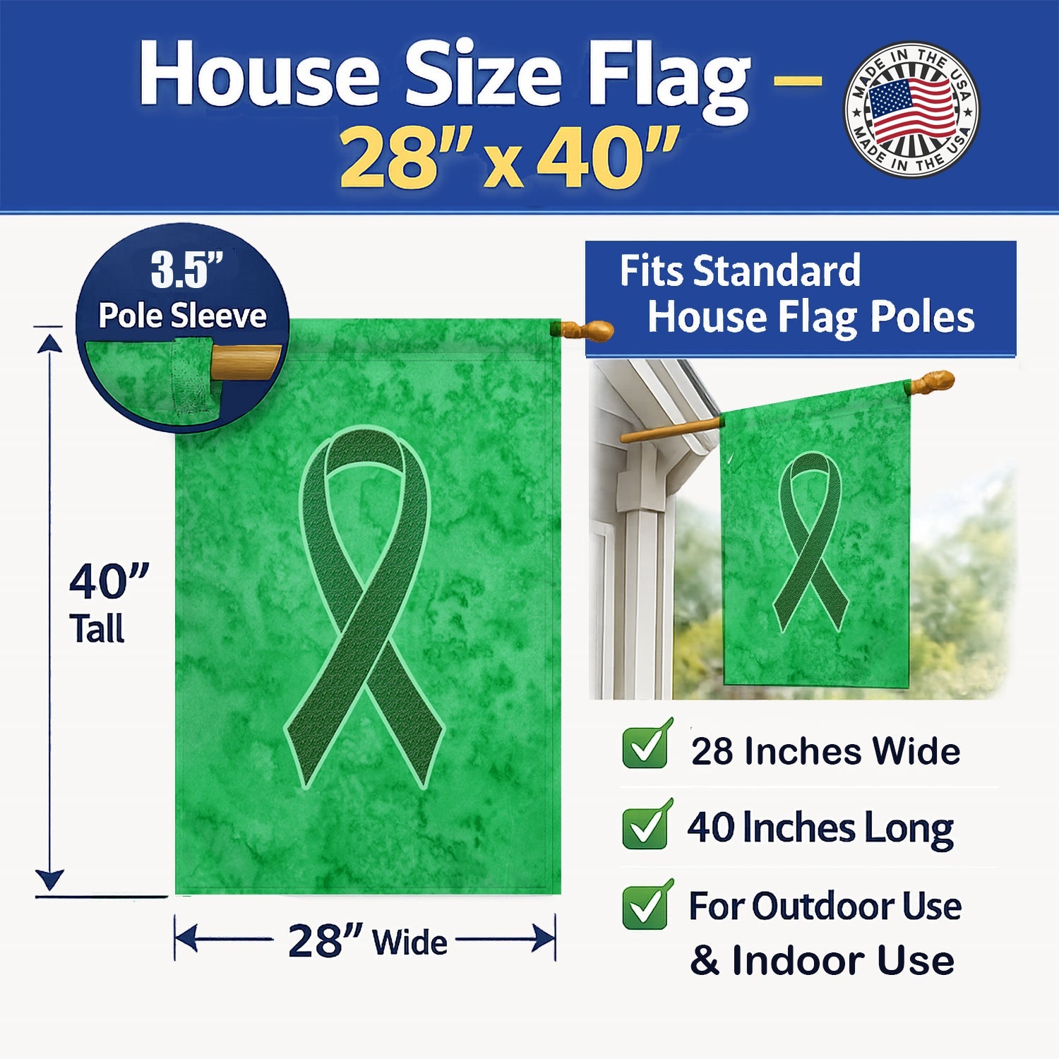 Kelly Green Ribbon for Kidney Cancer Awareness House Flag 28x40 Porch Sleeve Pole Decorative Outside Yard Banner Artwork Wall Hanging, Polyester
