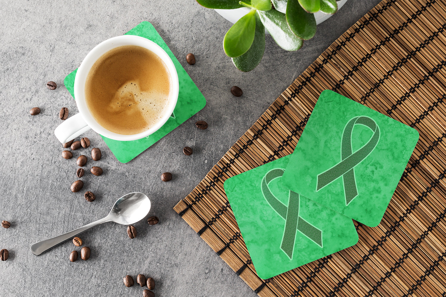 Kelly Green Ribbon for Kidney Cancer Awareness Foam Coasters Set of 4 Cup Coasters for Indoor Outdoor, Tabletop Protection, Anti Slip, Mouse pad Material