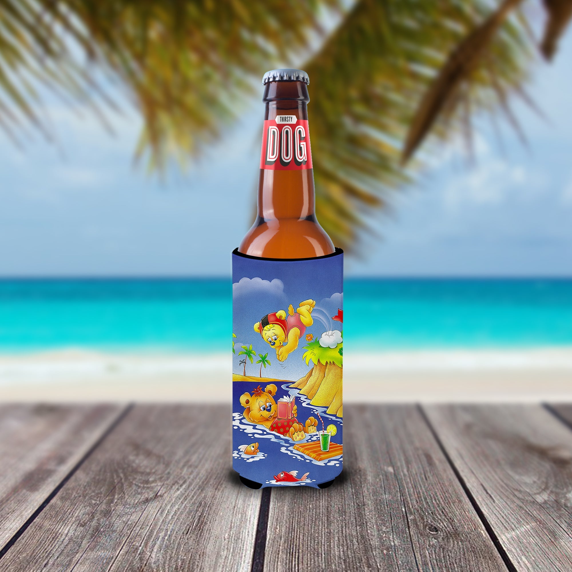 Teddy Bears Swimming and Diving Slim Can Hugger , Insulated Foam Hugger for 12 oz Slim Cans, Beer Bottles & Water Bottles, Printed in USA