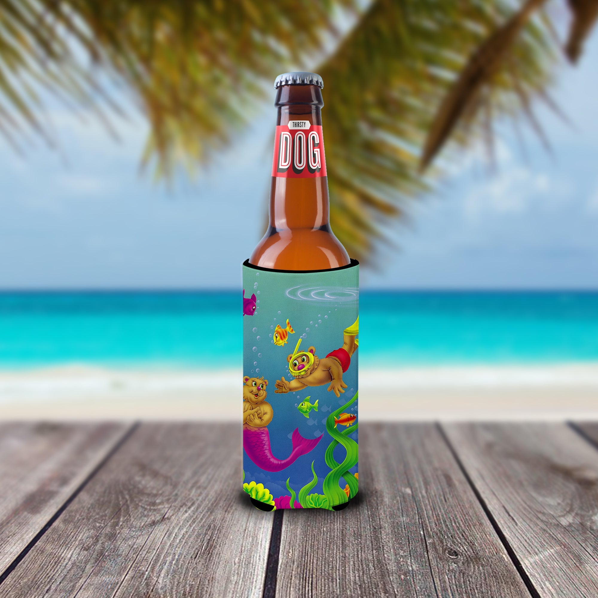 Teddy Bear Mermaid and Diver Slim Can Hugger , Insulated Foam Hugger for 12 oz Slim Cans, Beer Bottles & Water Bottles, Printed in USA