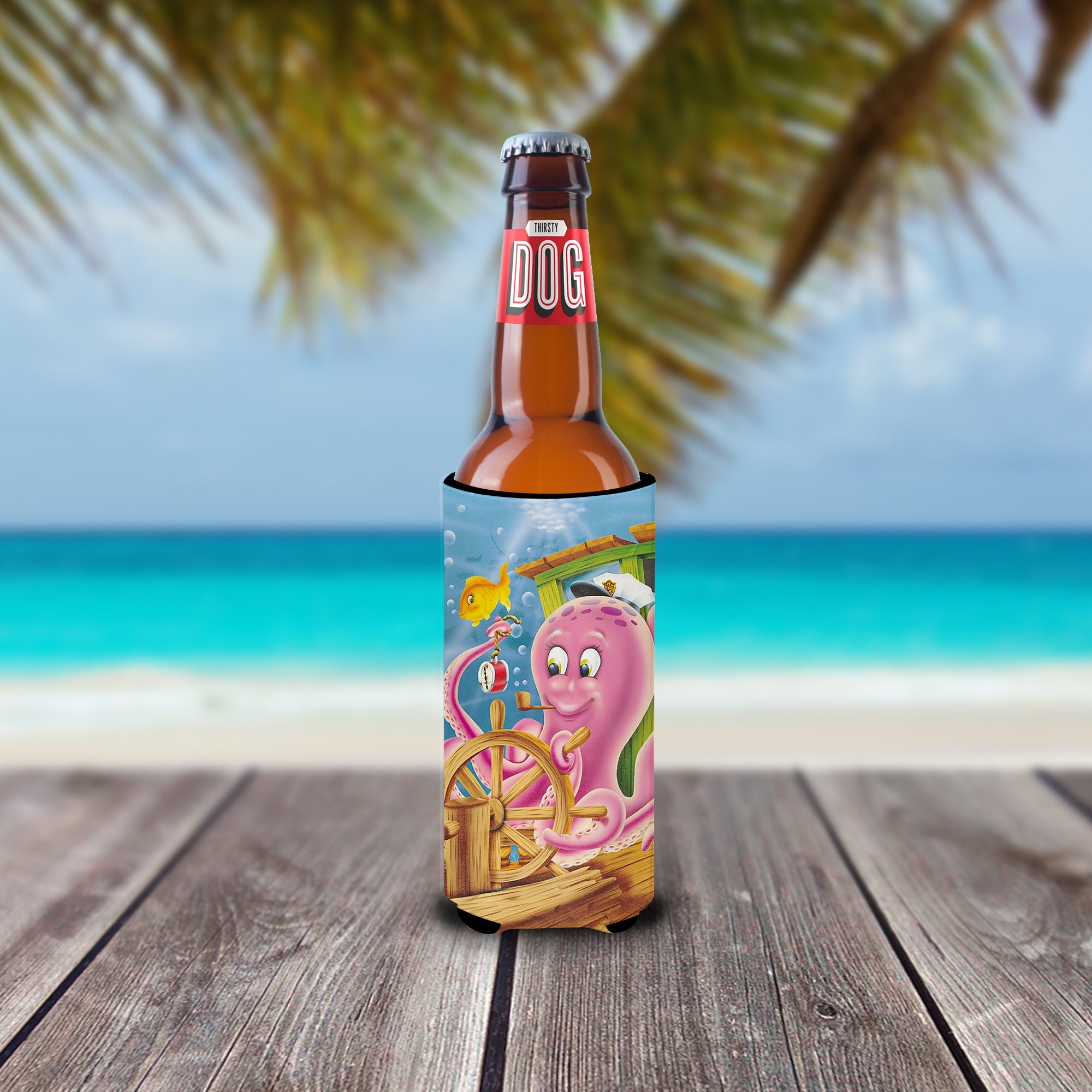 Captain Octopus Slim Can Hugger , Insulated Foam Hugger for 12 oz Slim Cans, Beer Bottles & Water Bottles, Printed in USA