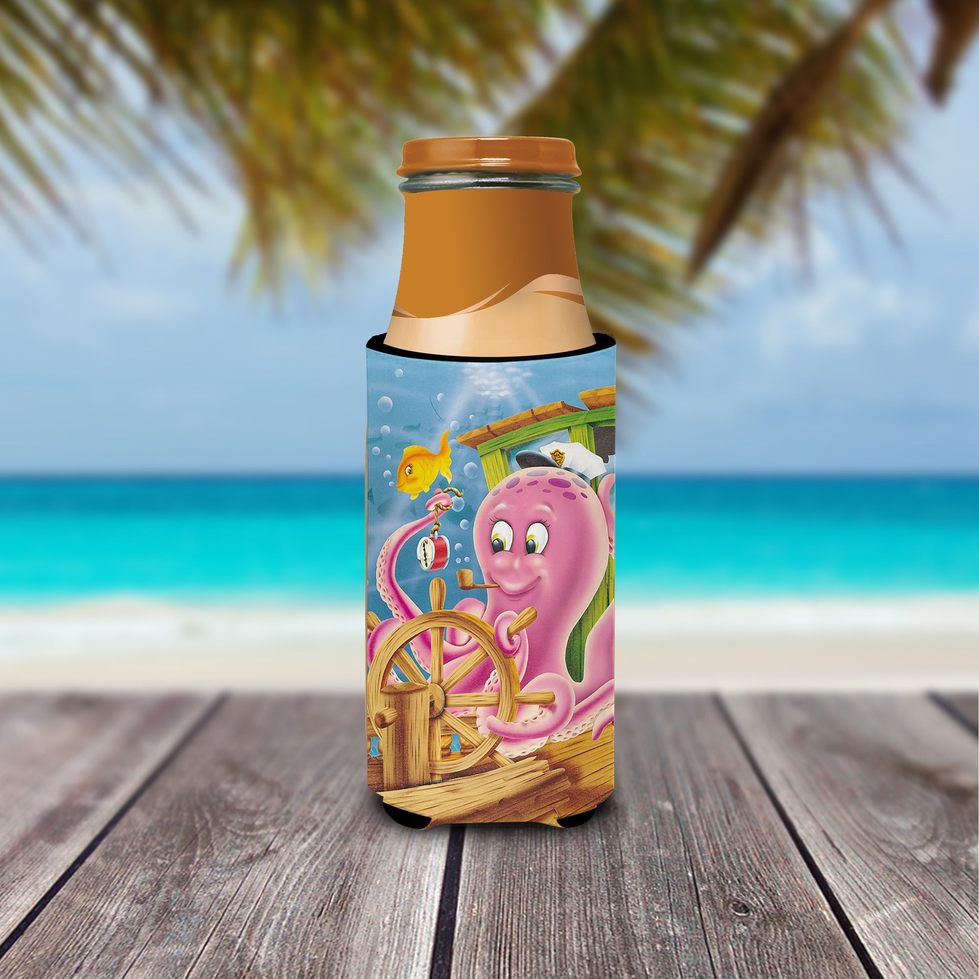 Captain Octopus Slim Can Hugger , Insulated Foam Hugger for 12 oz Slim Cans, Beer Bottles & Water Bottles, Printed in USA